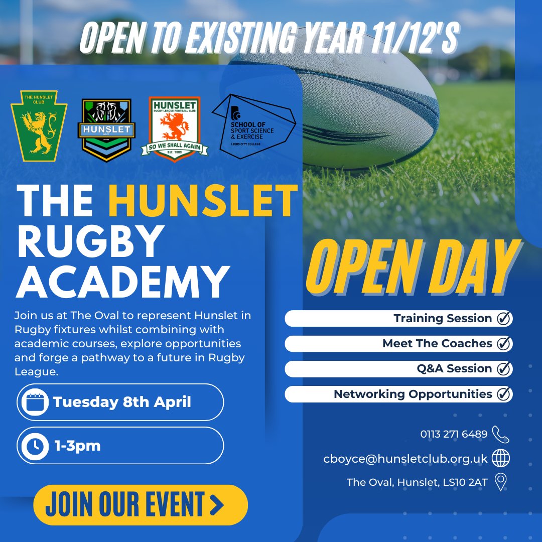The Hunslet Club (@hunsletclub) on Twitter photo 📢 The Rugby Academy at The Hunslet Club! 🏉
with <a href="/HunsletRLFC/">Hunslet RLFC</a> <a href="/Hunslet_ARLFC/">Hunslet ARLFC</a> , & Leeds City College, we offer a unique chance to study & play Rugby League!
💪 Train like a pro
📖 Build your career pathway
🔥 Open Day: 8th April, 1-3 PM
📍 The Oval, Hunslet, Leeds, LS10 2AT 📢 The Rugby Academy at The Hunslet Club! 🏉
with <a href="/HunsletRLFC/">Hunslet RLFC</a> <a href="/Hunslet_ARLFC/">Hunslet ARLFC</a> , & Leeds City College, we offer a unique chance to study & play Rugby League!
💪 Train like a pro
📖 Build your career pathway
🔥 Open Day: 8th April, 1-3 PM
📍 The Oval, Hunslet, Leeds, LS10 2AT