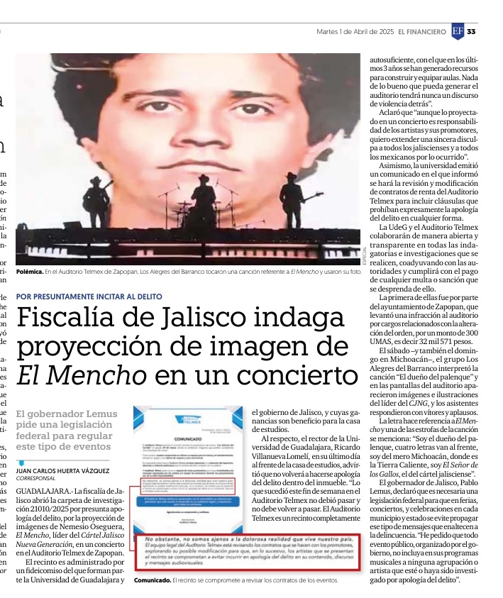 .<a href="/FiscaliaJal/">Fiscalía del Estado de Jalisco</a> investiga apología del delito por la presentación de Los Alegres Del Barranco en <a href="/AuditorioTelmex/">Auditorio TELMEX</a>

<a href="/ZapopanGob/">Gobierno de Zapopan</a> multó al recinto y <a href="/udg_oficial/">Universidad de Guadalajara</a> revisará contratos; mientras <a href="/PabloLemusN/">Pablo Lemus Navarro</a>  se compromete a evitar la presentación de narcocorridos.

Vía <a href="/ElFinanciero_Mx/">El Financiero</a>