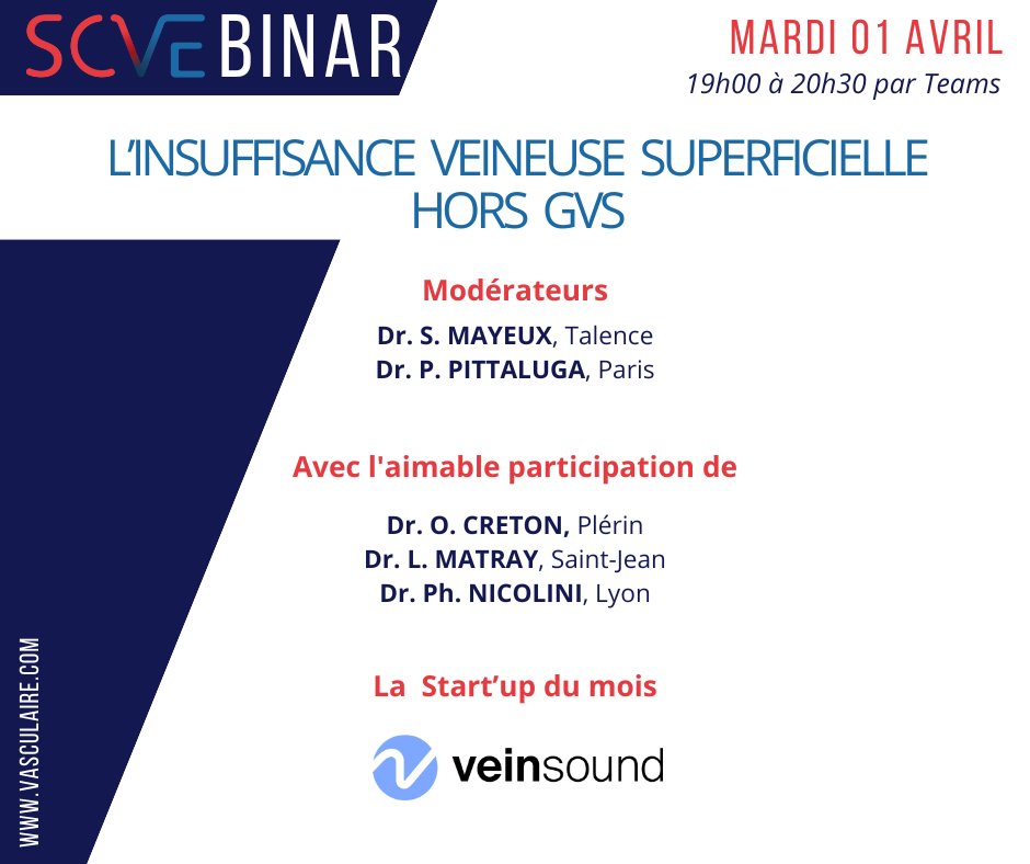 SCVE_fr's tweet image. Ce soir ! SCVEbinar#4 : L'INSUFFISANCE VEINEUSE SUPERFICIELLE HORS GVS
Mardi 1er avril à 19h00 via Teams. Lien de connexion : teams.microsoft.com/l/meetup-join/……