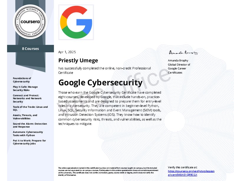 Glad to announce that i have successfully completed the Google cybersecurity course.🎉🎉 

#Googlecybersecurity
#Coursera