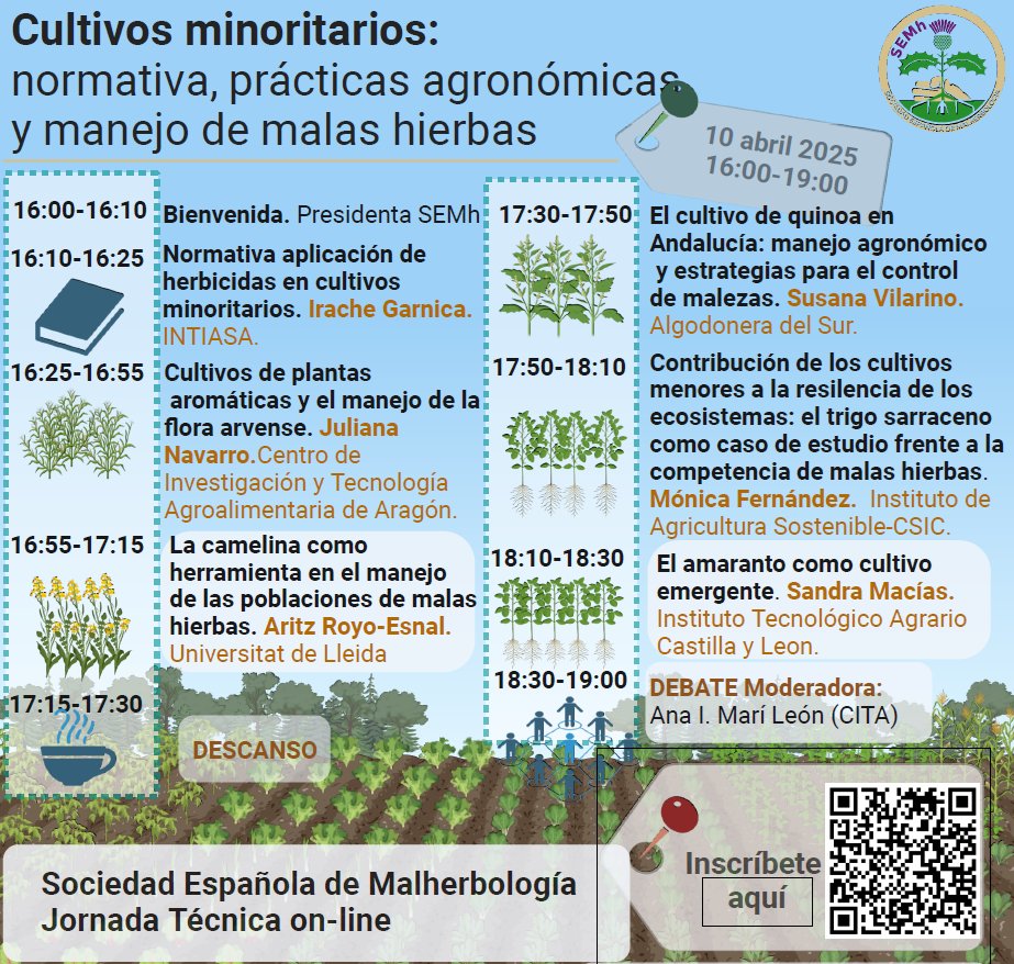 Jornada Técnica SEMh online

Tarde del próximo jueves 10 de abril de 16:00 a 19:00.

"Cultivos minoritarios: normativa, prácticas agronómicas  y manejo de malas hierbas"

Inscripción: forms.gle/pHLQa85g23isRH…
Programa detallado: semh.net/noticias/
Esperamos verte allí!!!!!