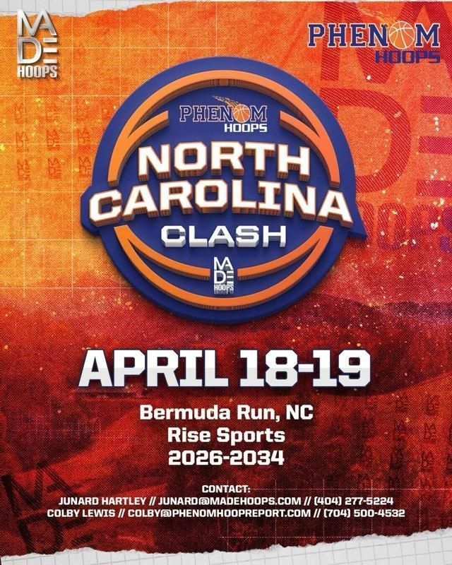 🚨 Carolina Clash x MADE Hoops 🚨

🔥 Elite competition for 17u-9u boys &amp; girls! 🔥

📅 April 18-19, 2025
📍 Rise Indoor Sports | Bermuda Run, NC

💰 Boys: $465 (17u-15u) / $325 (14u-9u)
💰 Girls: $375 (17u-15u) / $325 (14u-9u)
Link: phenomhoopreport.com/carolina-clash/ 

Secure your spot