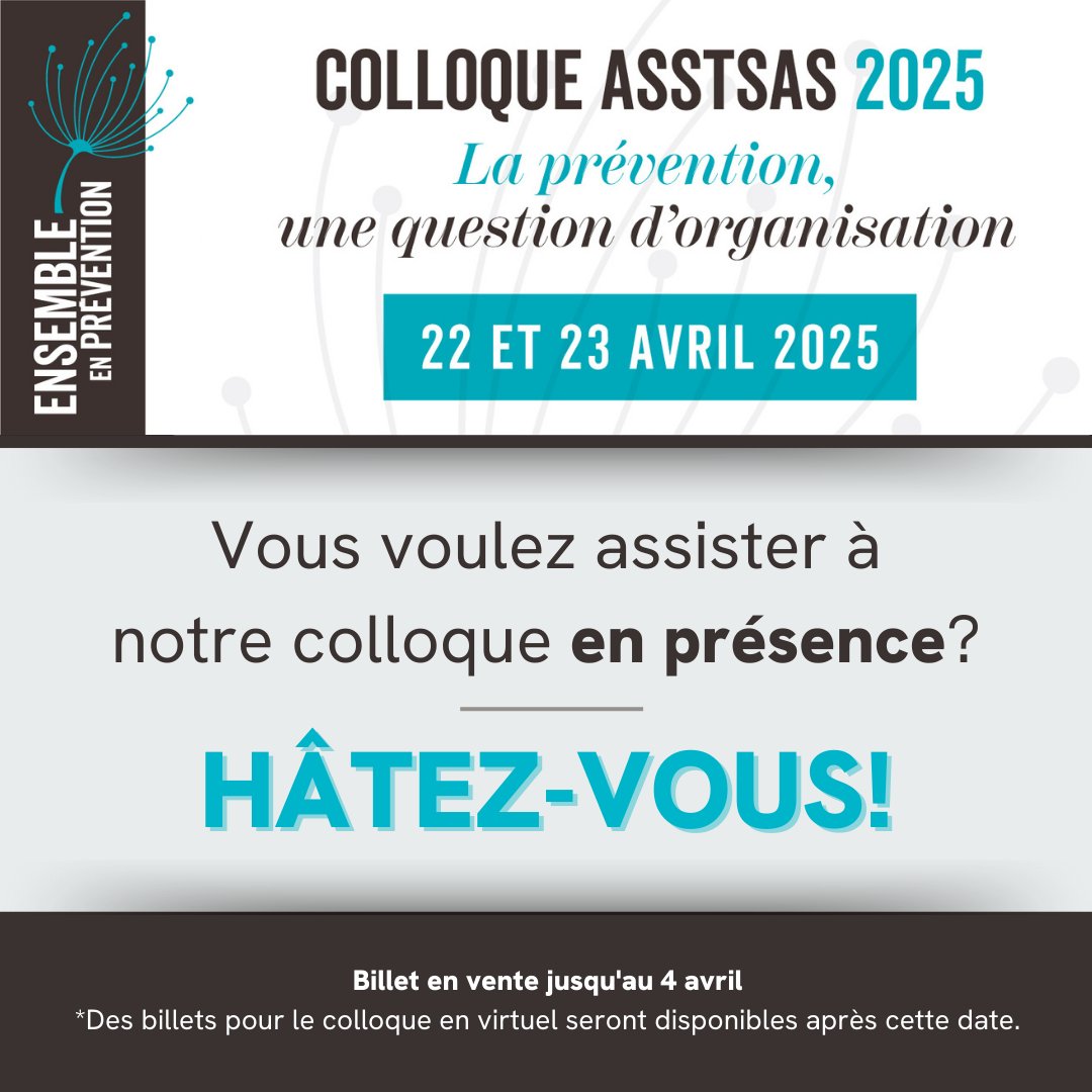 InfosASSTSAS's tweet image. 🚨 Attention ! Inscrivez-vous avant le 4 avril pour participer en présence à notre colloque les 22 et 23 avril à Saint-Hyacinthe! ! Ne manquez pas votre chance ! 📅✨

Pour plus de détails et pour vous inscrire, cliquez-ci ➡️ asstsas.qc.ca/evenements/col…

#Prévention #Inscription