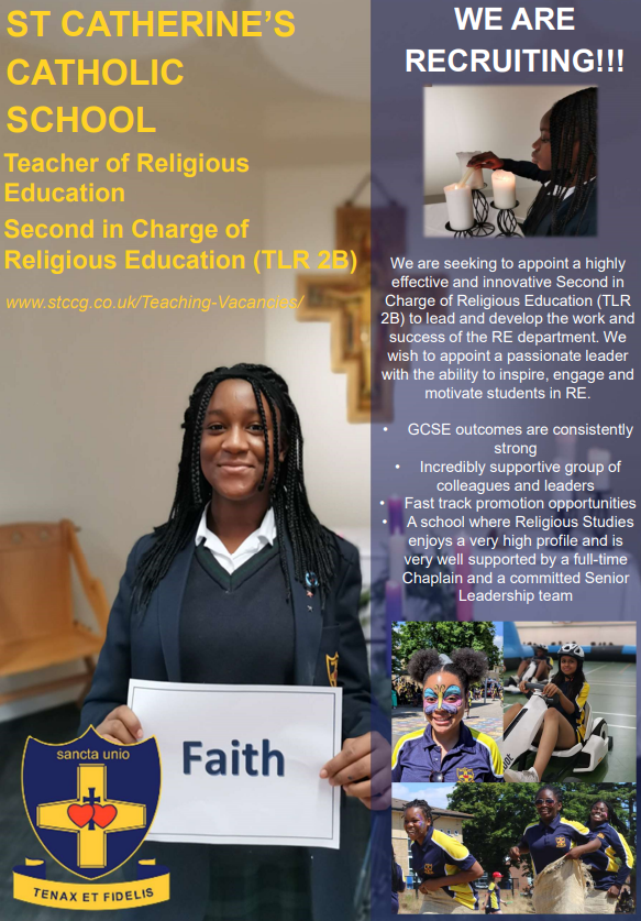 STCCGBEXLEY's tweet photo. We are seeking to appoint a Second in Charge of Religious Education to lead and develop the the RE department. We wish to appoint a passionate leader with the ability to inspire, engage and motivate students in RE. @CathEdService   https://t.co/K5BFvs8PrZ https://t.co/dnaUJtHKgK