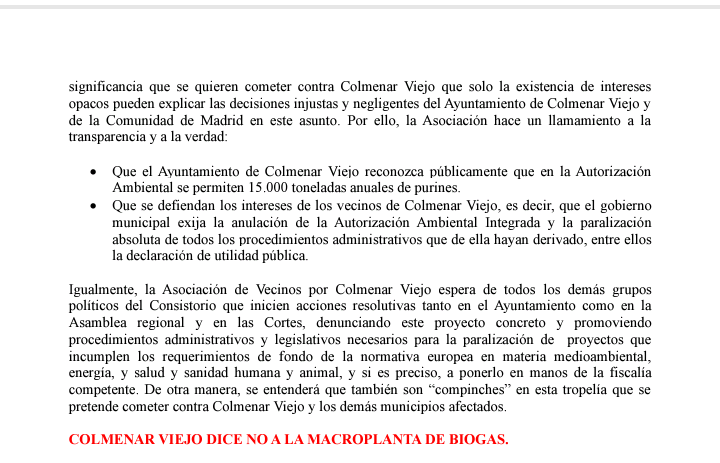 AVColmenarViejo's tweet photo. LLAMAMIENTO A LA VERDAD sobre la MacroPlanta de Biogas de #ColmenarViejo. Si la instalación fuera tan buena, no se ocultaría reuniones o información desde el Ayuntamiento de la localidad. O no se repartirían panfletos con información falsa. PURINES AL LADO DE CASA👇👇 https://t.co/kuMIMWCt6w