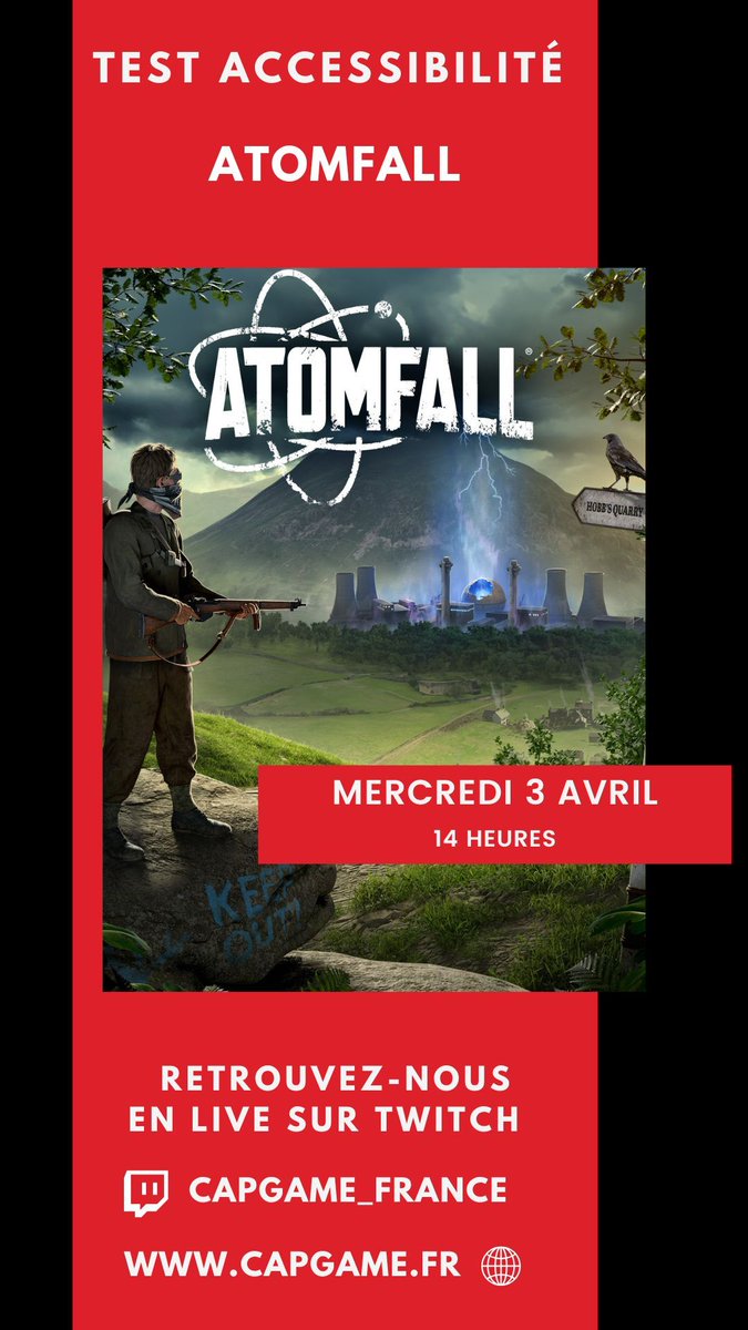 Ce mercredi 3 avril à 14h, retrouvez nous pour le test live de #Atomfall avec <a href="/PilarskiTony/">Ivar_Le_Déssosé</a> !

On vous dira tout sur l'accessibilité du jeu 🎮 
Et ça se passe sur notre chaîne twitch 
buff.ly/ULIxxix

#TousGamers #TestA11yJV <a href="/Rebellion/">Rebellion</a> <a href="/AtomfallGame/">Atomfall</a> <a href="/CariWatterton/">Cari 🍉</a>