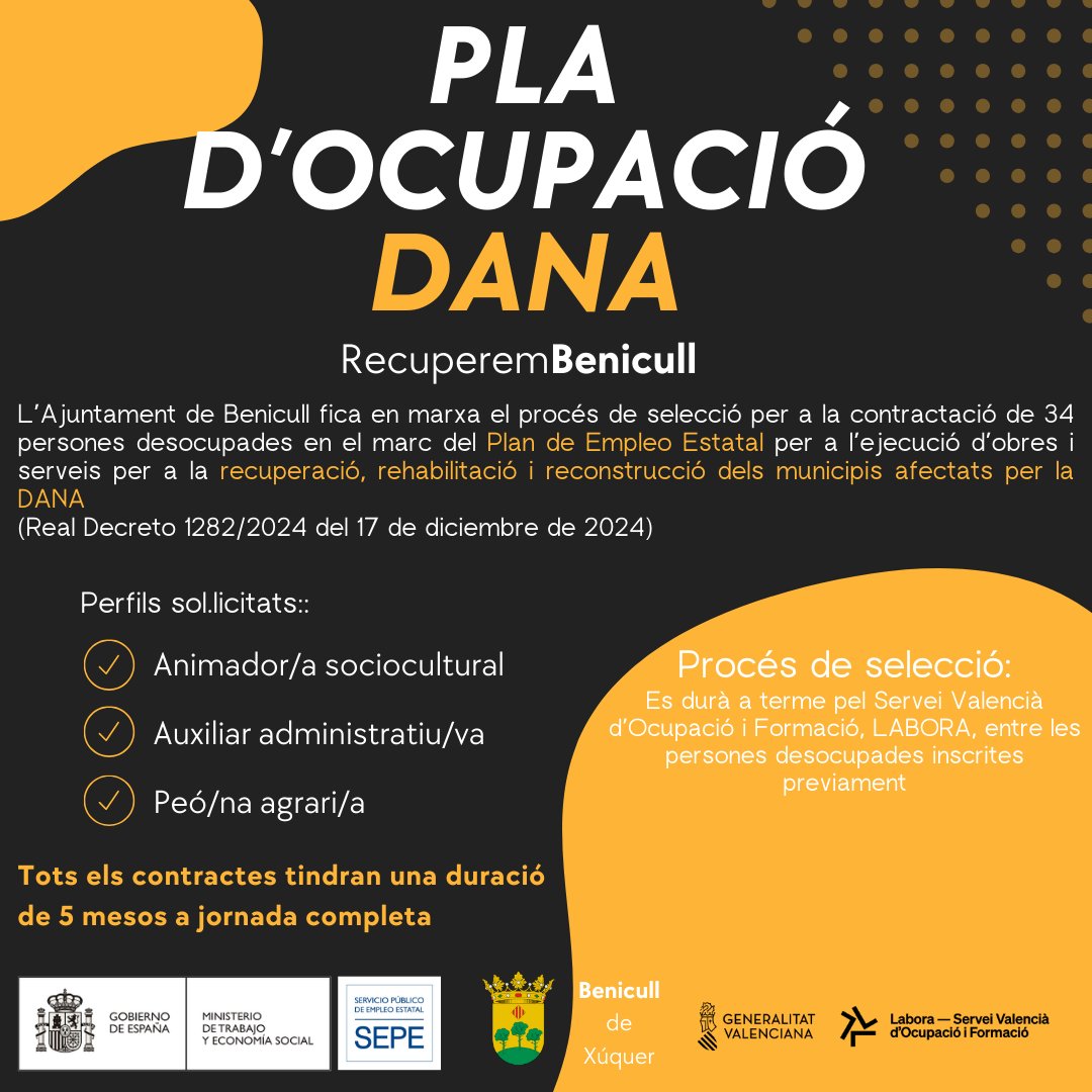 BenicullXu's tweet photo. 📢L'Ajuntament de Benicull informa que en breu començarà el procés de selecció per a la contractació  del "PLA D'OCUPACIO MUNICIPIS AFECTATS PER LA DANA"del SEPE.
🟢Per a més informació contactar amb l'ADL de l'Ajuntament, horari de 10:00-14:00h
Telf: 962490575 Ext 2003 https://t.co/ZNHgsrovDD