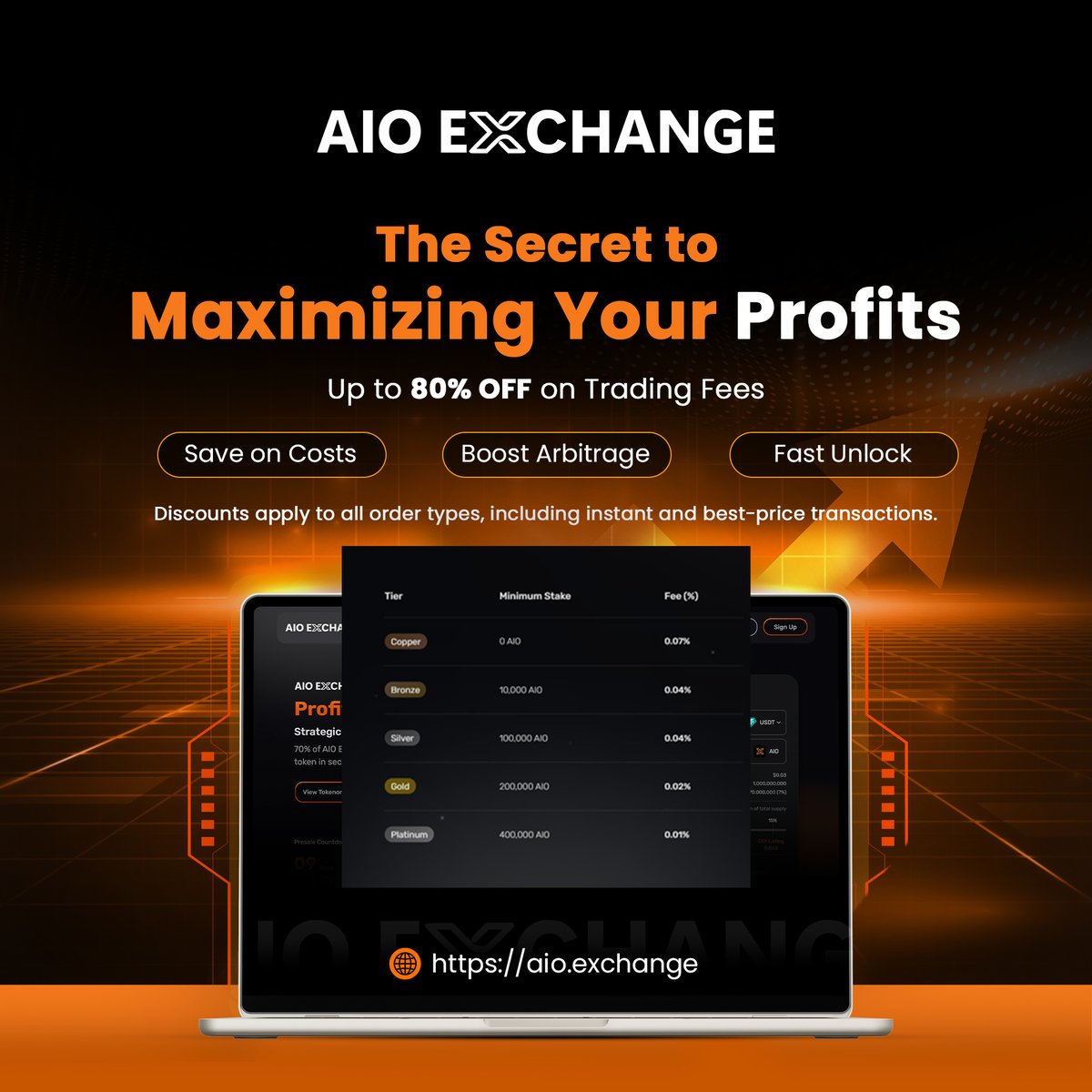 🚨 Traders, it’s time to level up.

When you hold and stake AIO tokens, you unlock fee discounts across every trade you make.

These rates apply to every order type, including instant and best-price transactions across 16+ exchanges.

You can now: 
- Cut costs on every trade
-