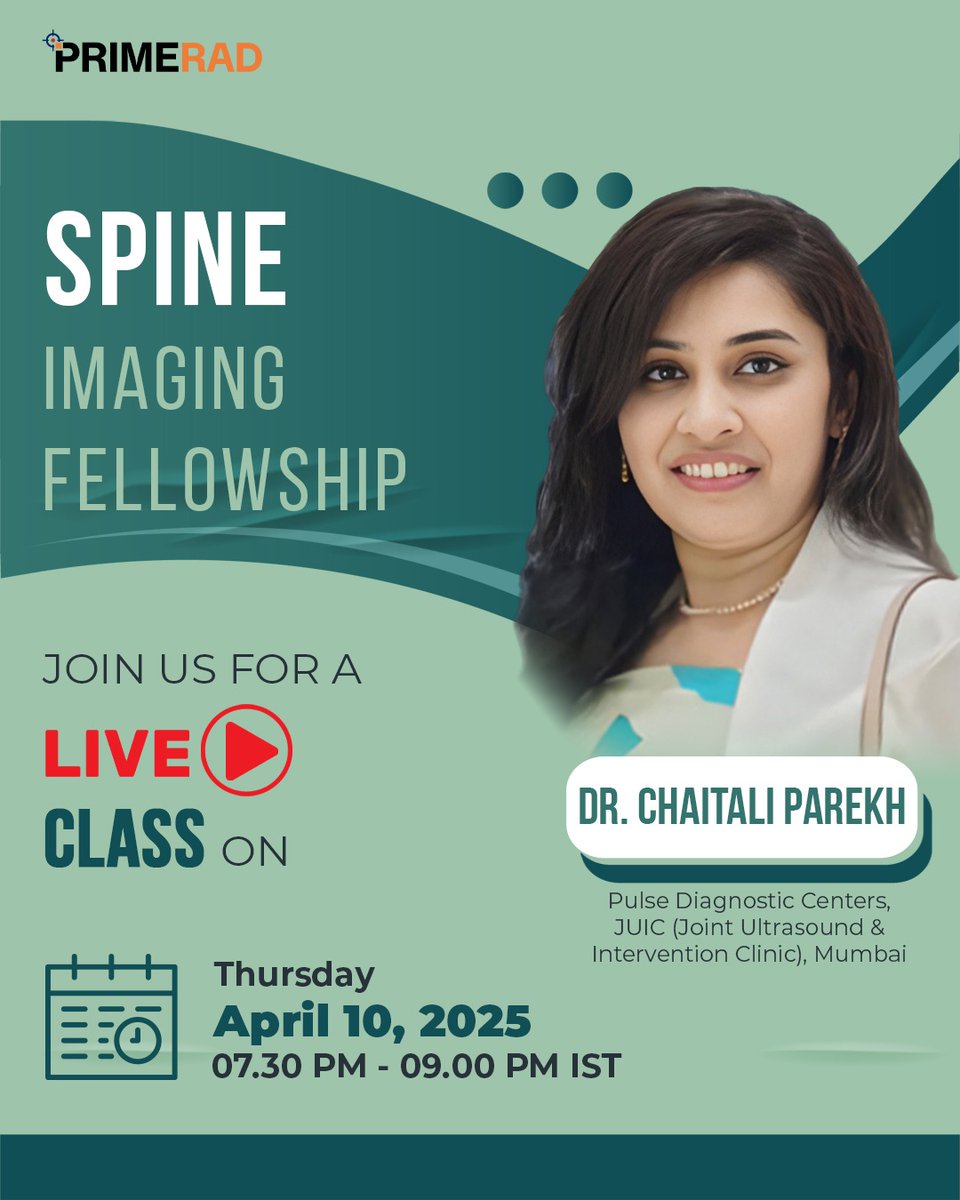 PrimeFellowship's tweet image. Join Dr Chaitali Parekh live for an interactive learning and discussion session. Don&apos;t miss out!

Live Class
📅10th April, 2025 (Thursday)
⌛7:30pm - 9:00pm IST

#PrimeRad #LiveClass #Faculty #PrecisionReporting #OnlineLearning #RadiologyFellowship #MSKFellowship #Worldwide