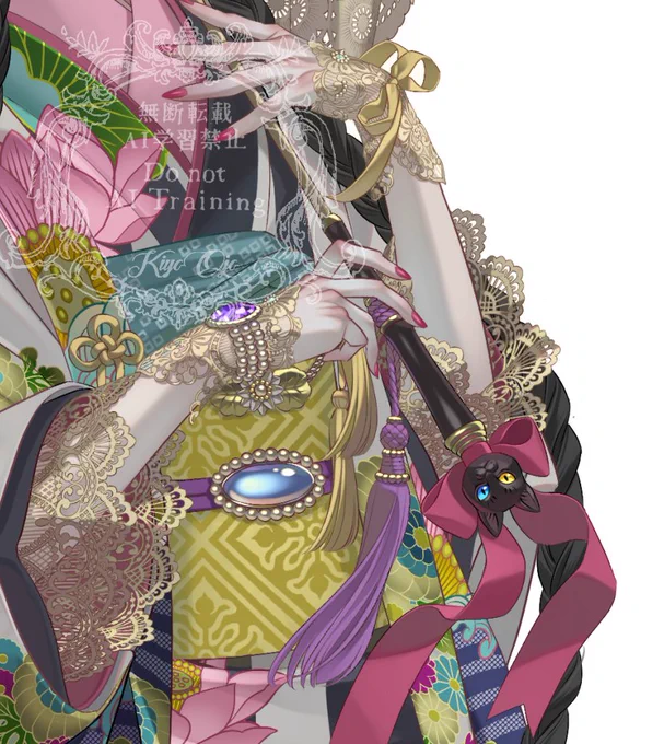 柄は夏っぽい蓮の花だけどどう見ても夏服じゃないしピンクいからたぶん春服ですねこちゃんヘッドのピンクの日傘とレースの足袋がかわいいでしょ 