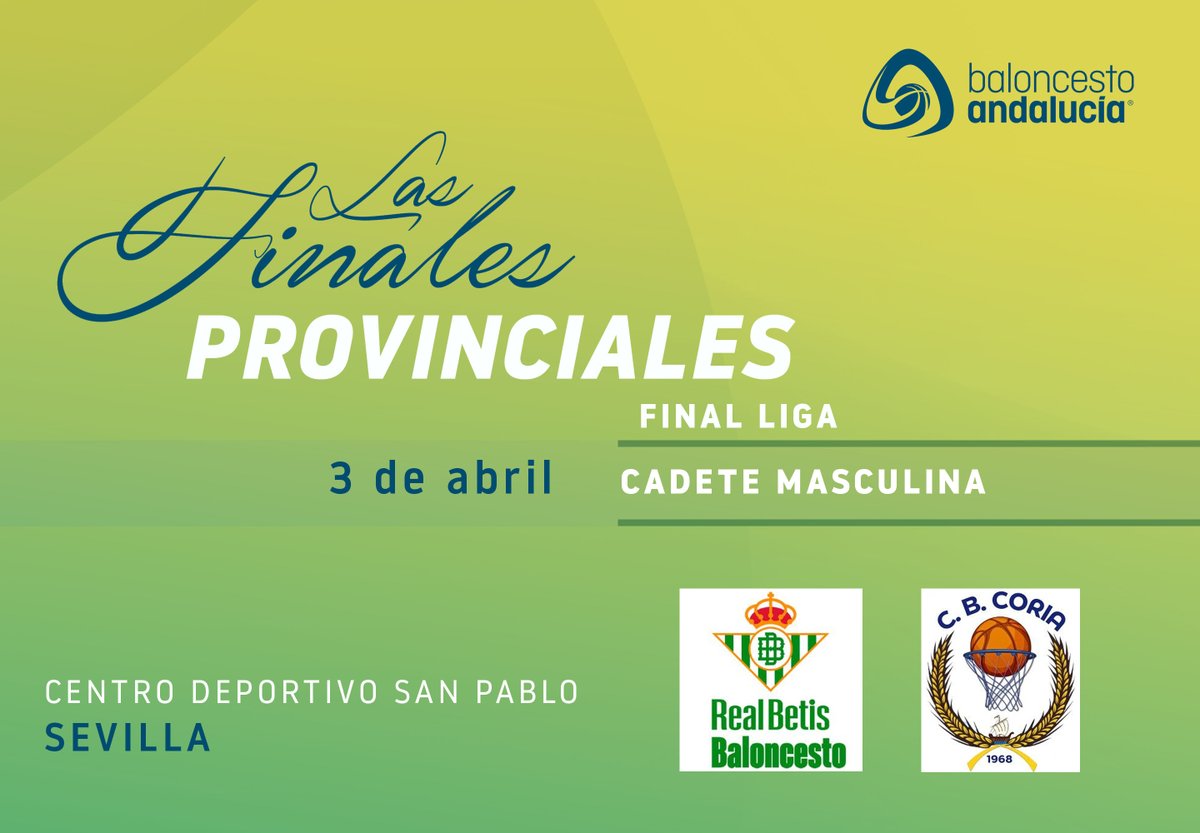 🏀 !Este jueves llega la Gran Final de la Liga Provincial  de la categoría Cadete Masculina! 🏀
📅 Jueves 3 de abril
🕔 18:00
🏟️ Centro Deportivo San Pablo

Haz click en el siguiente enlace para ver toda la información 👇
andaluzabaloncesto.org/sevilla/delega…