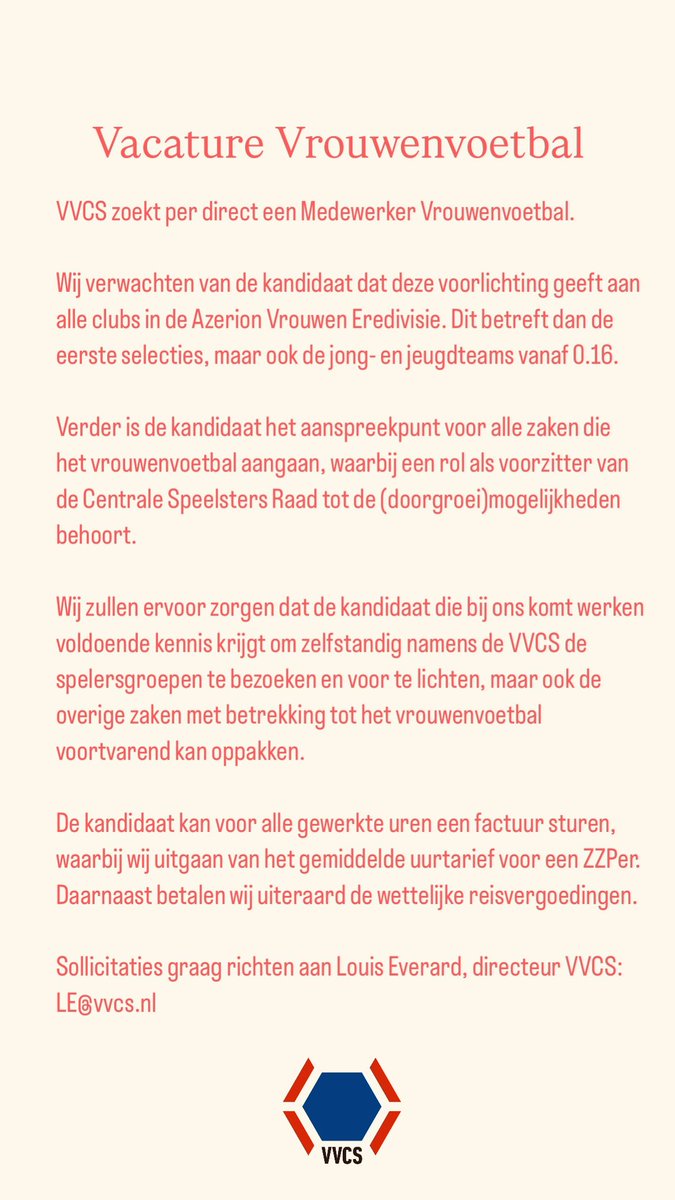 spelersvakbond's tweet image. VVCS zoekt per direct een Medewerker Vrouwenvoetbal. 

Vacature Medewerker Vrouwenvoetbal:

#vvcs #vacature #1april #geengrap