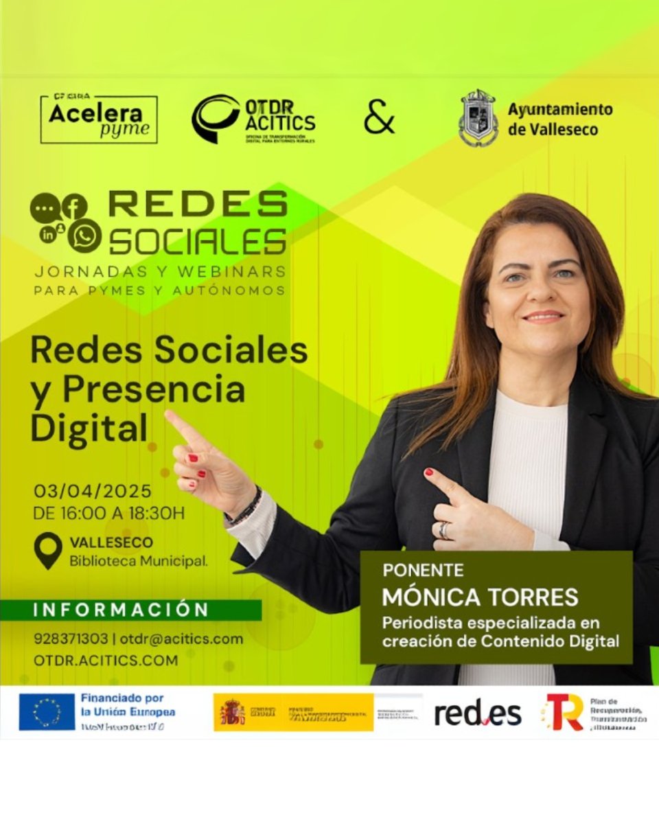👉 Acercar las #redessociales al pequeño comercio local es el objetivo de este seminario que imparto este jueves 3 de abril en Valleseco (Gran Canaria).

Con @AciticsOtdr. Más info:
☎️ 928 37 13 03
📩 otdr@acitics.com
#MónicaTorres #marketingdigital #PresenciaenInternet #Canarias