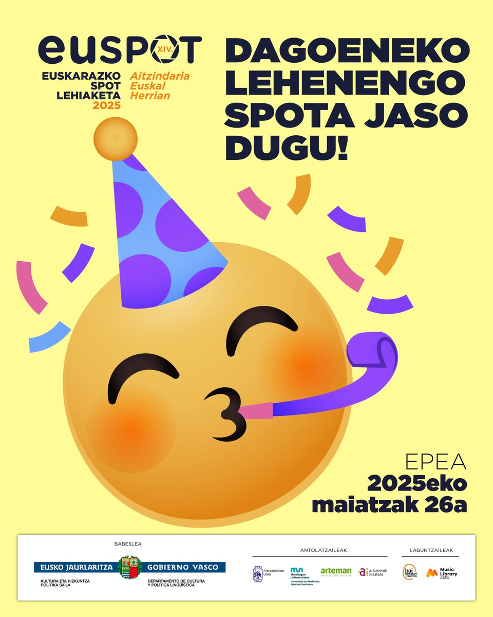 DAGOENEKO LEHENENGO SPOTA JASO DUGU!
Spotak entregatzeko epea: maiatzak 26.

> Aurtengo gaia: euspot.eus/gaia/
> Lehiaketaren oinarriak: euspot.eus/oinarriak/
> Sariak: euspot.eus/sariak/