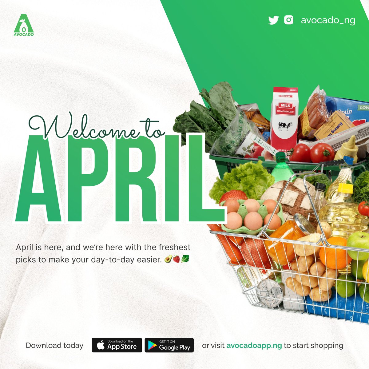 avocado_ng's tweet photo. A new month brings new opportunities for fresh beginnings. At Avocado NG, we're excited to continue providing you with the freshest produce, and quality ingredients to make your everyday special. 

#ordernow #delivery #akure #groceries #groceryshopping #april https://t.co/BlFgxSNDZB