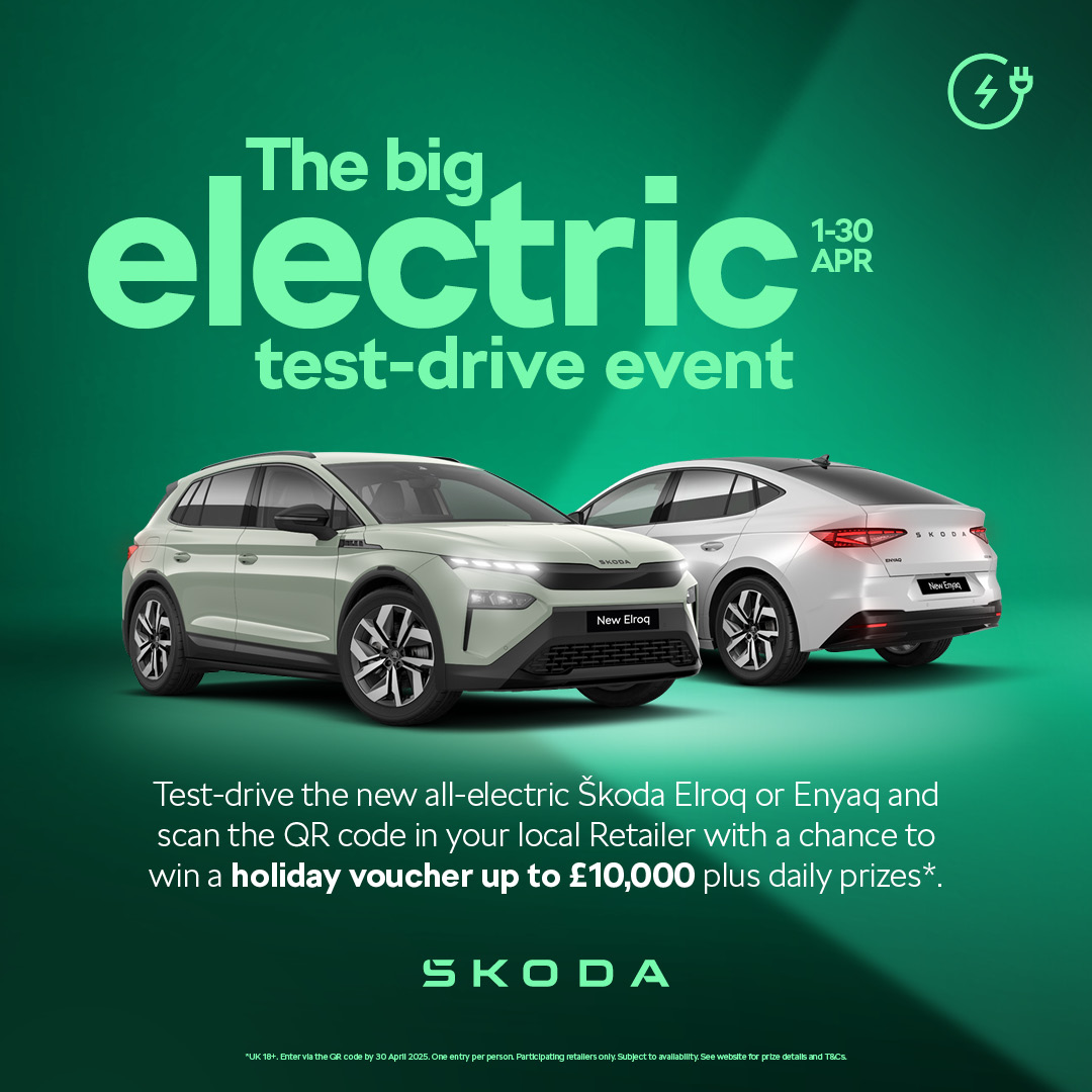 ⚡ The Big Electric Test-Drive Event is here! ⚡

Test-drive the All-Electric Elroq or Enyaq at RRG Škoda from April 1-30 for a chance to win a holiday voucher worth up to £10,000! 

Scan the QR code in the dealership to enter. Book your test drive now! ow.ly/7Wbm50VqjZq