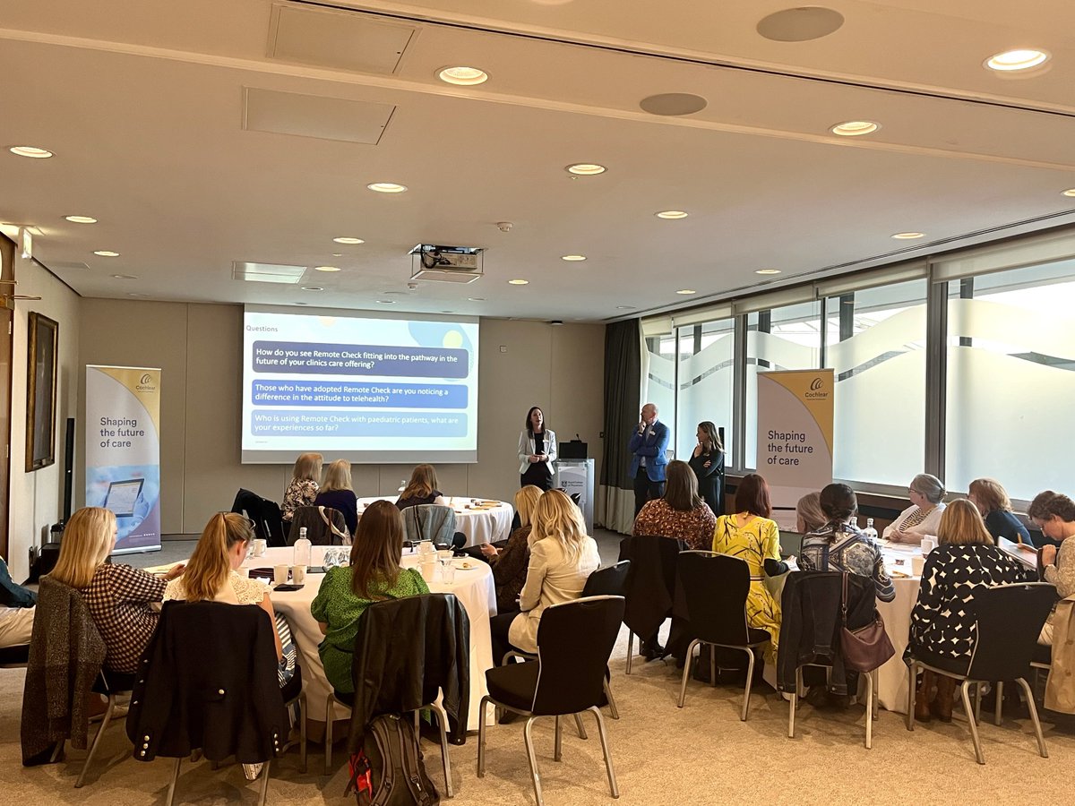 CochlearUK's tweet photo. Busy morning at @BCIG_UK! We started with a Remote Check Breakfast for early risers, followed by an insightful talk from Cochlear’s EMEA president, Anthony Bishop, on shaping the future of care. Visit our stand to learn how we’re supporting your care needs! #cochlear #bcig https://t.co/NeHkdYYqMy