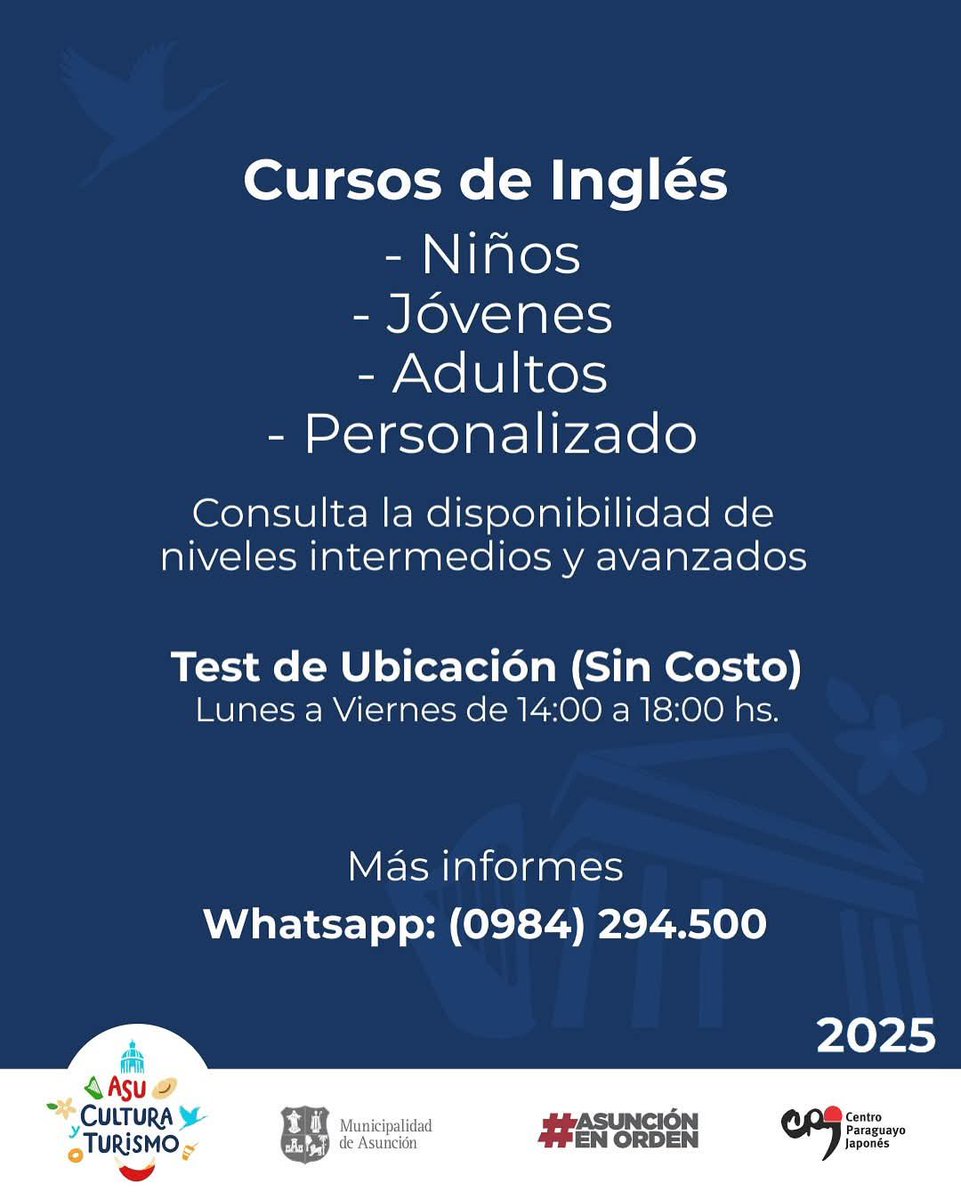 ¿Te gustaría mejorar tu inglés o que tus hijos comiencen a aprender un nuevo idioma? 🇺🇸😃
En 📍<a href="/CPJ_Asu/">Centro Paraguayo Japonés</a> ofrecemos un curso, diseñado para todos los niveles. Si ya tenés conocimientos previos, realizamos un test de ubicación, sin costo, para encontrar el nivel adecuado para vos.⬇️