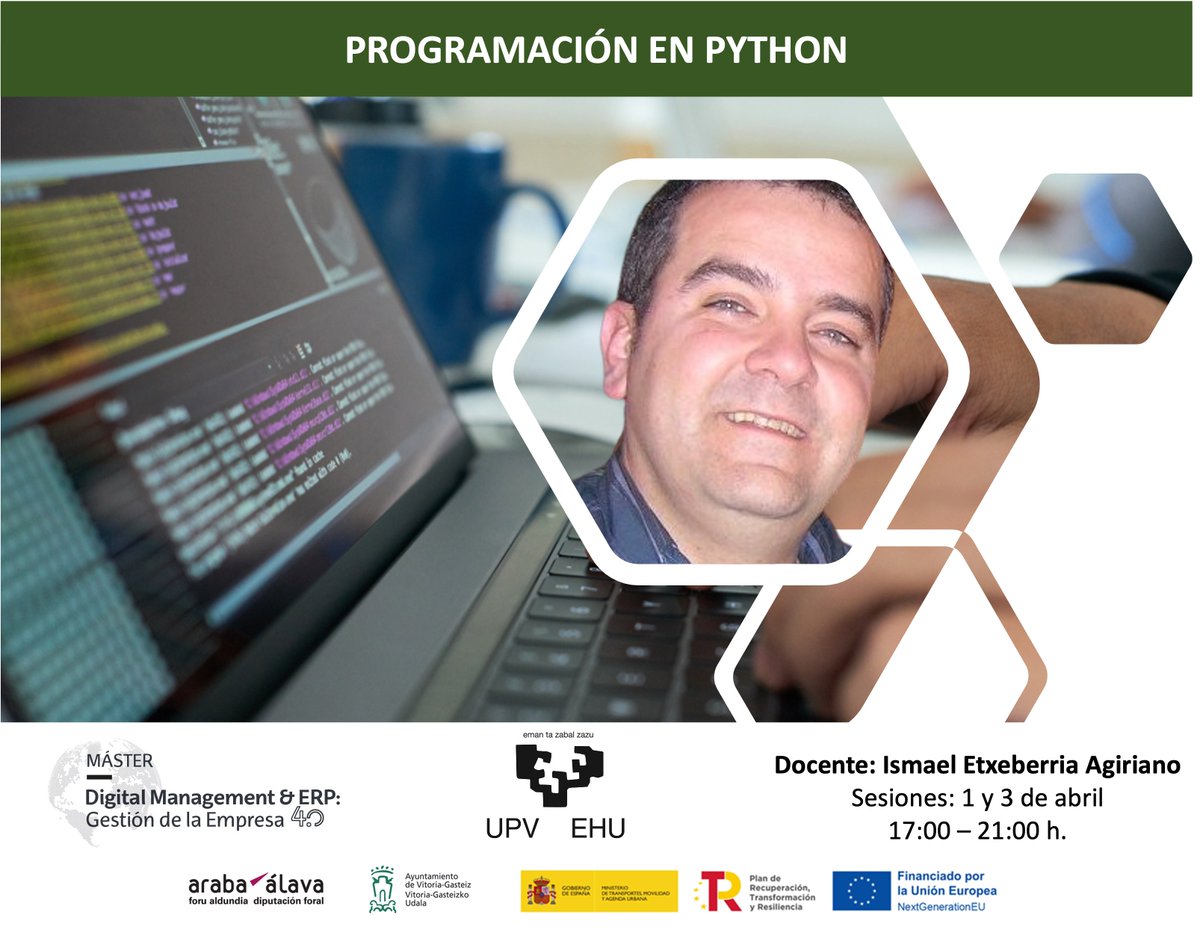 Esta semana descubrimos el mundo de #Python con Ismael Etxeberria de <a href="/UPVEHU/">UPV/EHU</a>! Aprenderemos desde lo básico hasta funciones avanzadas. Nuestro alumnado ampliará sus oportunidades conociendo esta herramienta. #Programación #python #NextGenerationEU #PlandeRecuperación