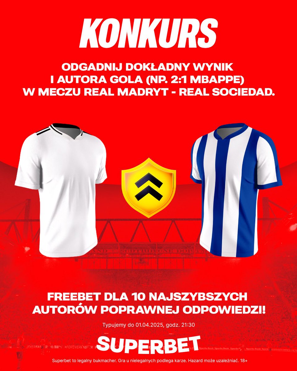 SuperbetPL's tweet photo. #KONKURS!  Wytypuj w odpowiedziach dokładny wynik oraz autora gola ⚽️ w meczu Real Madryt - Real Sociedad i zgarnij freebet! #RMASOC
-- 
✅ Zaobserwuj @SuperbetPL
❤️ Polub wpis i 🔄 podaj go dalej 
👤 Dodaj nick z Superbet 
🎁 Nagroda = FREEBET 50 PLN

Typujemy regulaminowy czas gry.