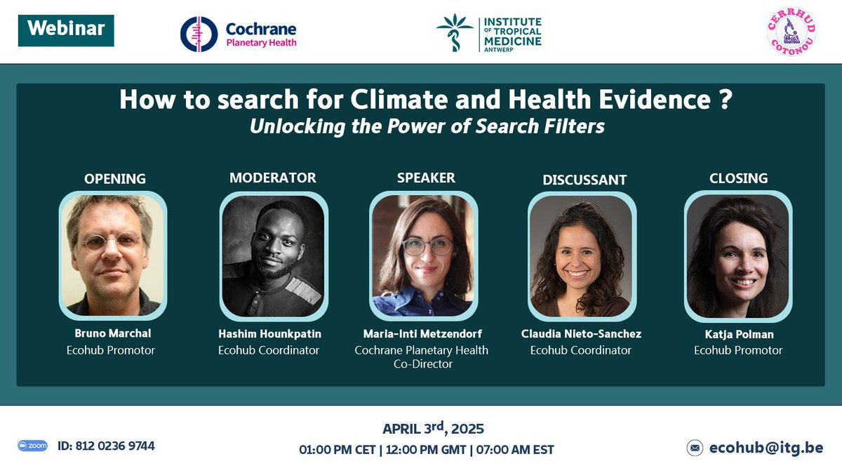 Don't miss out this informative event organized by Ecohub Thematic Global Network in collaboration with the Cochrane Planetary Health on How to search for Climate and Health Evidence. 
Register Here: us06web.zoom.us/meeting/regist…
