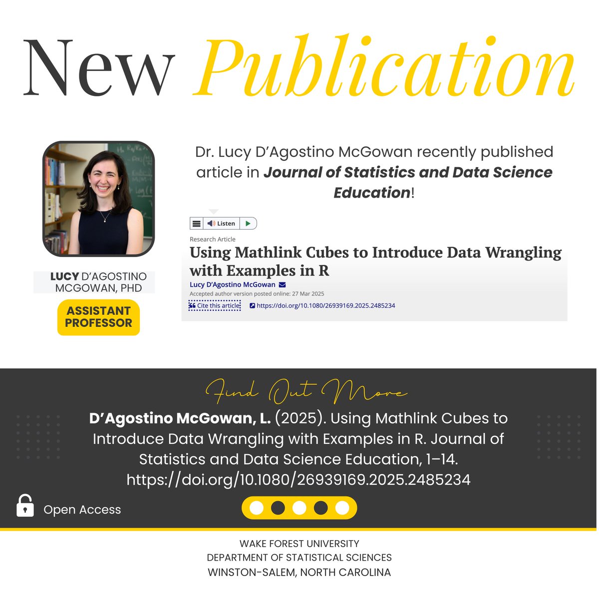 Wake Forest Stats (@wakeforeststats) on Twitter photo ๐ This week, we're celebrating new publications from two of our <a href="/WakeForest/">Wake Forest University</a> teacher-scholars in the <a href="/JStatEd/">Journal of Statistics and Data Science Education</a>! Drs. Ciaran Evans and <a href="/lucystats/">Lucy DโAgostino McGowan</a> (both assistant profs) propose novel pedagogical tools for teaching regression and data wrangling in R. ๐ This week, we're celebrating new publications from two of our <a href="/WakeForest/">Wake Forest University</a> teacher-scholars in the <a href="/JStatEd/">Journal of Statistics and Data Science Education</a>! Drs. Ciaran Evans and <a href="/lucystats/">Lucy DโAgostino McGowan</a> (both assistant profs) propose novel pedagogical tools for teaching regression and data wrangling in R.