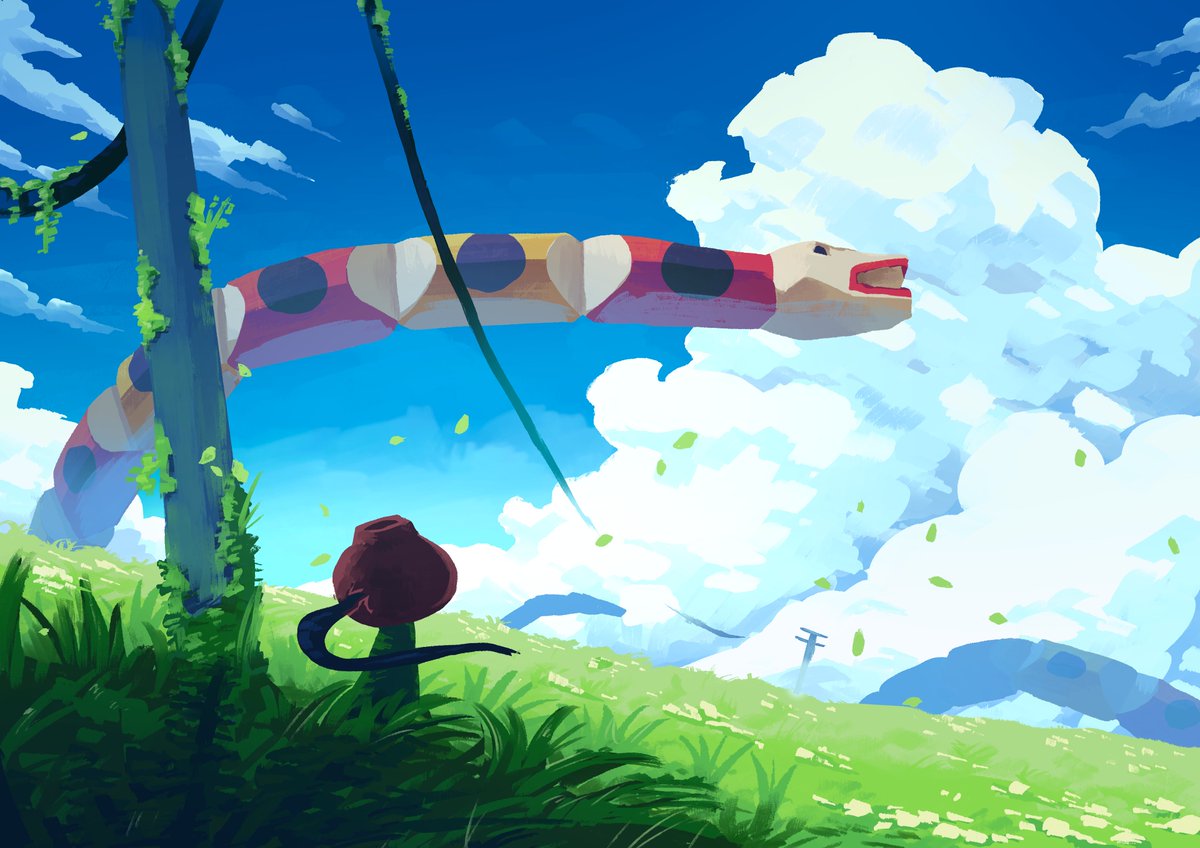 My entry on Clip Studio's Illustration Contest #cspcontest43 
In a world ruled by nature, Iuna encounters one of its greatest inhabitants, the Great Miriti Serpent. A giant snake made of wood, intimidating at first glance, but a gentle creature and a guardian of the environment🧶