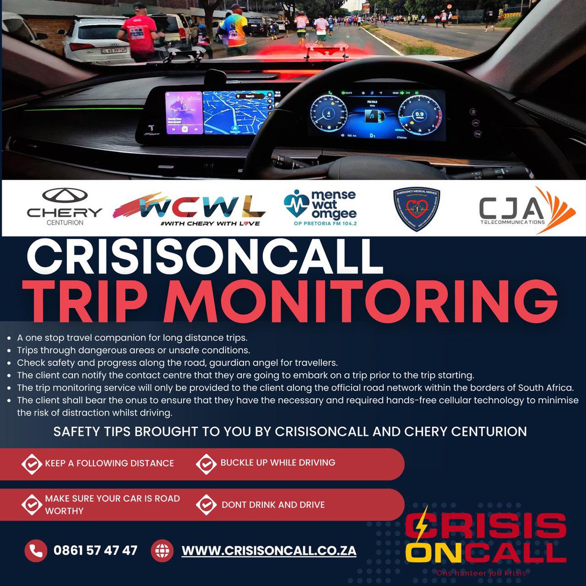Safety tips brought to you by CrisisOnCall. 
#SafetyFirst #holiday #staysafe #RoadSafety 
<a href="/_ArriveAlive/">Arrive Alive</a> <a href="/DriveDry/">Drive Dry</a>
