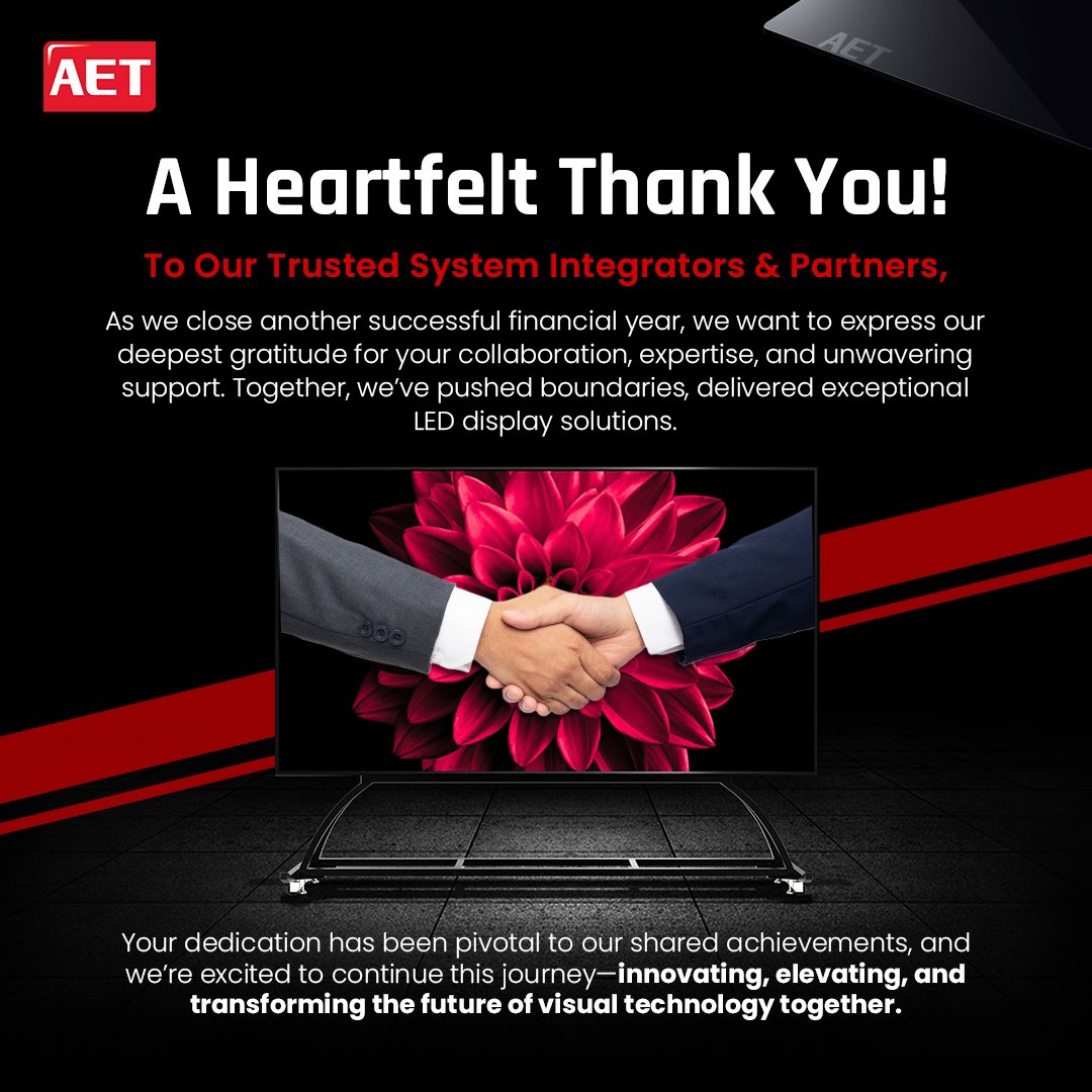 AETLEDDisplays's tweet photo. 🎉 A big #THANKYOU to our amazing partners for a year of success! Let’s keep transforming spaces and inspiring audiences—one pixel at a time! 🚀 #AETDisplays #LEDInnovation #TechTogether #YearEndThanks https://t.co/2RcZcfMyBN