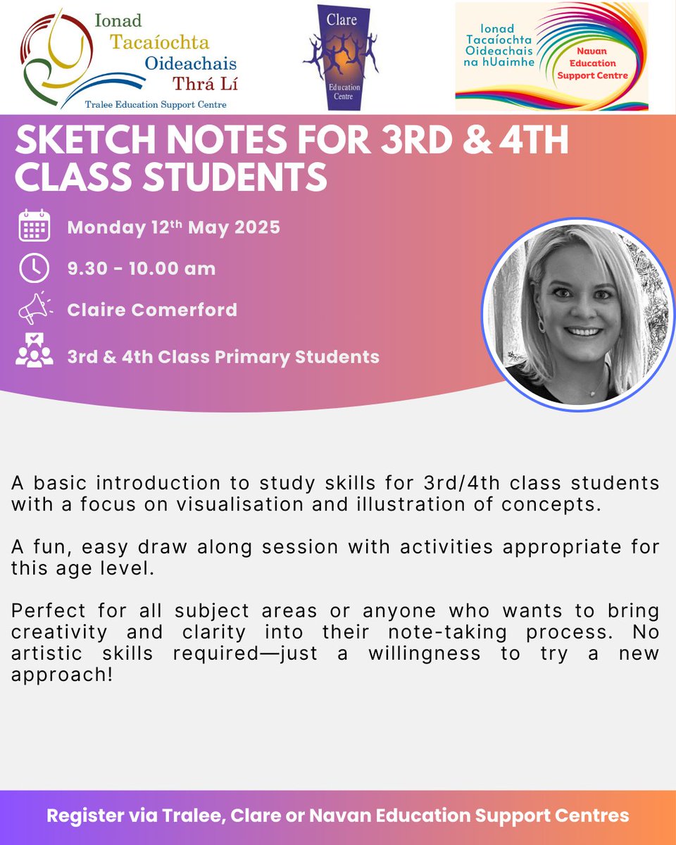 Clare Education Centre (@clareedcentre) on Twitter photo 📢3rd & 4th Class Primary Students
➡️Sketch Notes for 3rd & 4th Class Students
📅Monday, 12th May 2025
⏲️9.30am - 10.30am
🗣️Claire Comerford
📌Zoom
💰Free
®️ zoom.us/webinar/regist…
<a href="/TraleeESC/">Tralee Education Support Centre</a> <a href="/NavanESC/">Navan Education Support Centre</a> 📢3rd & 4th Class Primary Students
➡️Sketch Notes for 3rd & 4th Class Students
📅Monday, 12th May 2025
⏲️9.30am - 10.30am
🗣️Claire Comerford
📌Zoom
💰Free
®️ zoom.us/webinar/regist…
<a href="/TraleeESC/">Tralee Education Support Centre</a> <a href="/NavanESC/">Navan Education Support Centre</a>