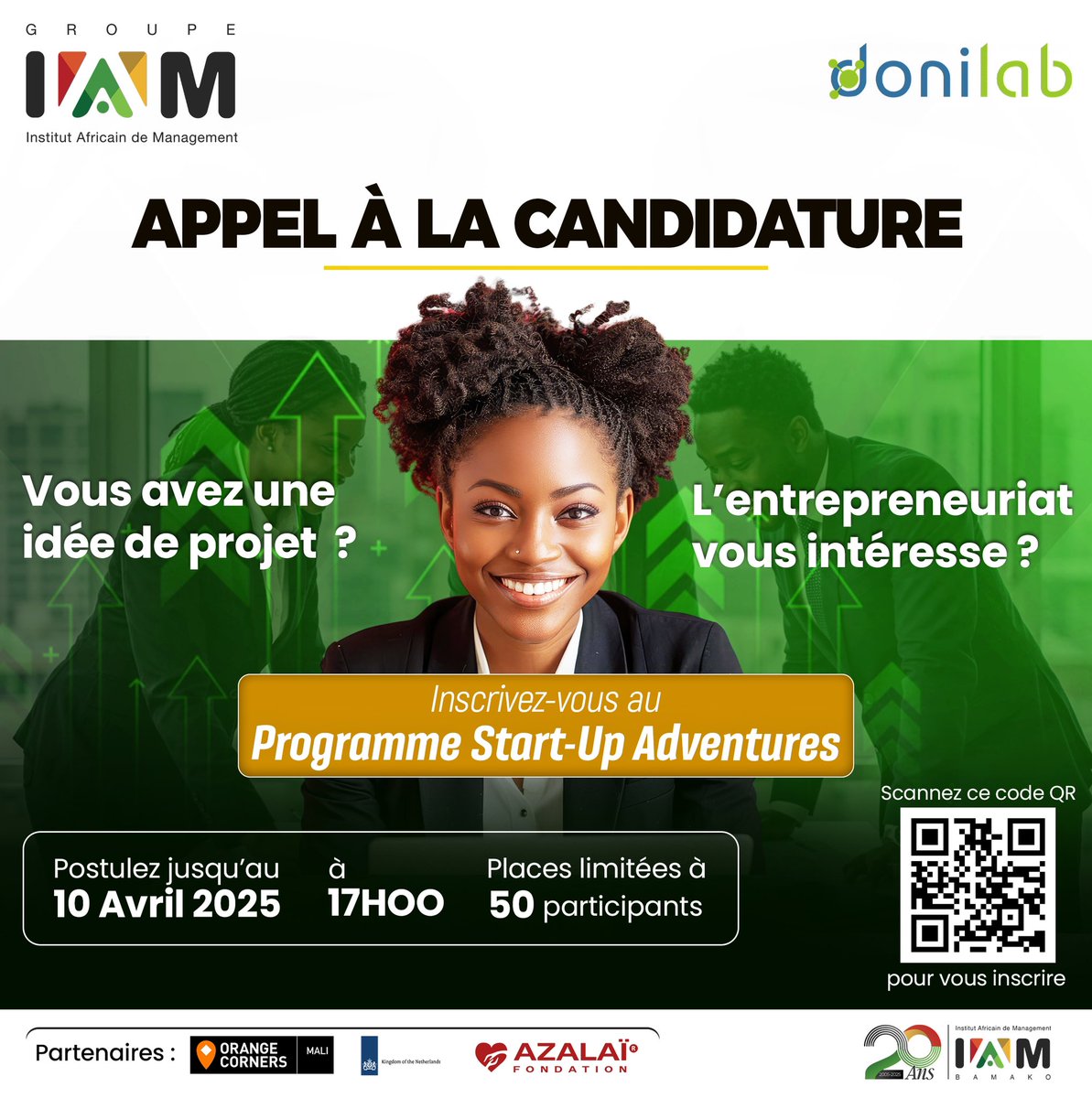 iam_bamako's tweet photo. L’Institut Africain de Management de Bamako, en partenariat avec Donilab, Orange Corners Mali et la Fondation Azalaï, vous offre l’opportunité exclusive de rejoindre le Programme Start-Up Adventures !
#iambamako223 #donilab #orangecorners #azalaifondation #entrepreneuriat https://t.co/57GaU7re3P