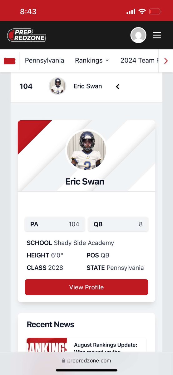 Eric (@eric_swan8) on Twitter photo Blessed to be ranked as the #8 QB in PA and the #104 ranked player in PA will continue to work! #AGTG <a href="/210ths/">2Tenths Speed & Agility</a> <a href="/PrepRedzonePA/">Prep Redzone Pennsylvania</a> @PRZPAvic @CuseRivalsCK <a href="/DWalls2ND/">Darrin Walls</a> <a href="/Coach_VasquezAJ/">A.J. Vasquez</a> <a href="/wpialsportsnews/">WPIAL Sportsmen</a> <a href="/WPIAL_Insider/">WPIAL Insider</a> Blessed to be ranked as the #8 QB in PA and the #104 ranked player in PA will continue to work! #AGTG <a href="/210ths/">2Tenths Speed & Agility</a> <a href="/PrepRedzonePA/">Prep Redzone Pennsylvania</a> @PRZPAvic @CuseRivalsCK <a href="/DWalls2ND/">Darrin Walls</a> <a href="/Coach_VasquezAJ/">A.J. Vasquez</a> <a href="/wpialsportsnews/">WPIAL Sportsmen</a> <a href="/WPIAL_Insider/">WPIAL Insider</a>