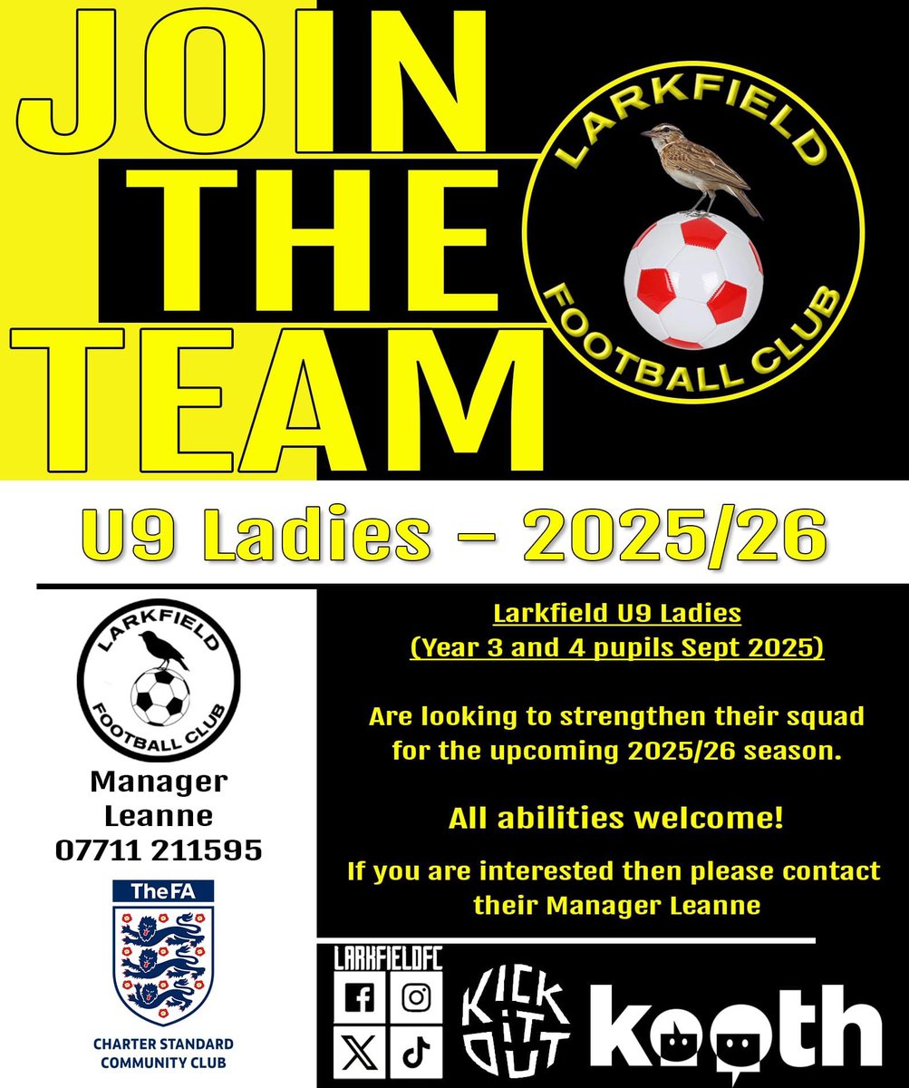 LarkfieldFC (@larkfieldfc) on Twitter photo ๐ท๐ณ๐จ๐๐ฌ๐น๐บ ๐พ๐จ๐ต๐ป๐ฌ๐ซ!
Know a young lady who is keen to play football? Or give it a go? Are they going to be in Year 2,3 or 4 in Sep 25 when the new season starts?
Why not contact Leanne & come along & meet the teams, youโd be made most welcome ๐กโซ๏ธ
#proudcommunityclub ๐ท๐ณ๐จ๐๐ฌ๐น๐บ ๐พ๐จ๐ต๐ป๐ฌ๐ซ!
Know a young lady who is keen to play football? Or give it a go? Are they going to be in Year 2,3 or 4 in Sep 25 when the new season starts?
Why not contact Leanne & come along & meet the teams, youโd be made most welcome ๐กโซ๏ธ
#proudcommunityclub
