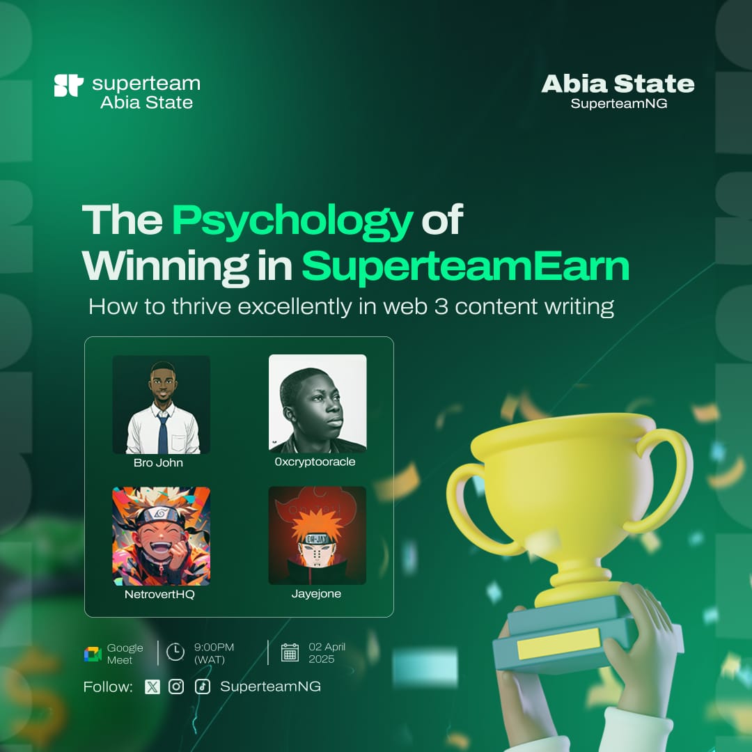 BRO JOHN (@ajunmehie) on Twitter photo Great content comes from mastery!
Undoubtedly, these top Web3 writers have a winning mindset.
<a href="/SuperteamNG/">Superteam Nigeria</a> writers Abia state canโt wait to learn fromโด
<a href="/netrovertHQ/">Netrovert ๐ฆ</a>, <a href="/jayejone/">๐๐-๐๐๐ช (ร,G)</a>, and <a href="/0xcryptooracle/">The Crypto Oracle (๐,๐งก)</a> on winning bounties, and standing out as a web 3 content creator!๐ฅ
Voila! Great content comes from mastery!
Undoubtedly, these top Web3 writers have a winning mindset.
<a href="/SuperteamNG/">Superteam Nigeria</a> writers Abia state canโt wait to learn fromโด
<a href="/netrovertHQ/">Netrovert ๐ฆ</a>, <a href="/jayejone/">๐๐-๐๐๐ช (ร,G)</a>, and <a href="/0xcryptooracle/">The Crypto Oracle (๐,๐งก)</a> on winning bounties, and standing out as a web 3 content creator!๐ฅ
Voila!