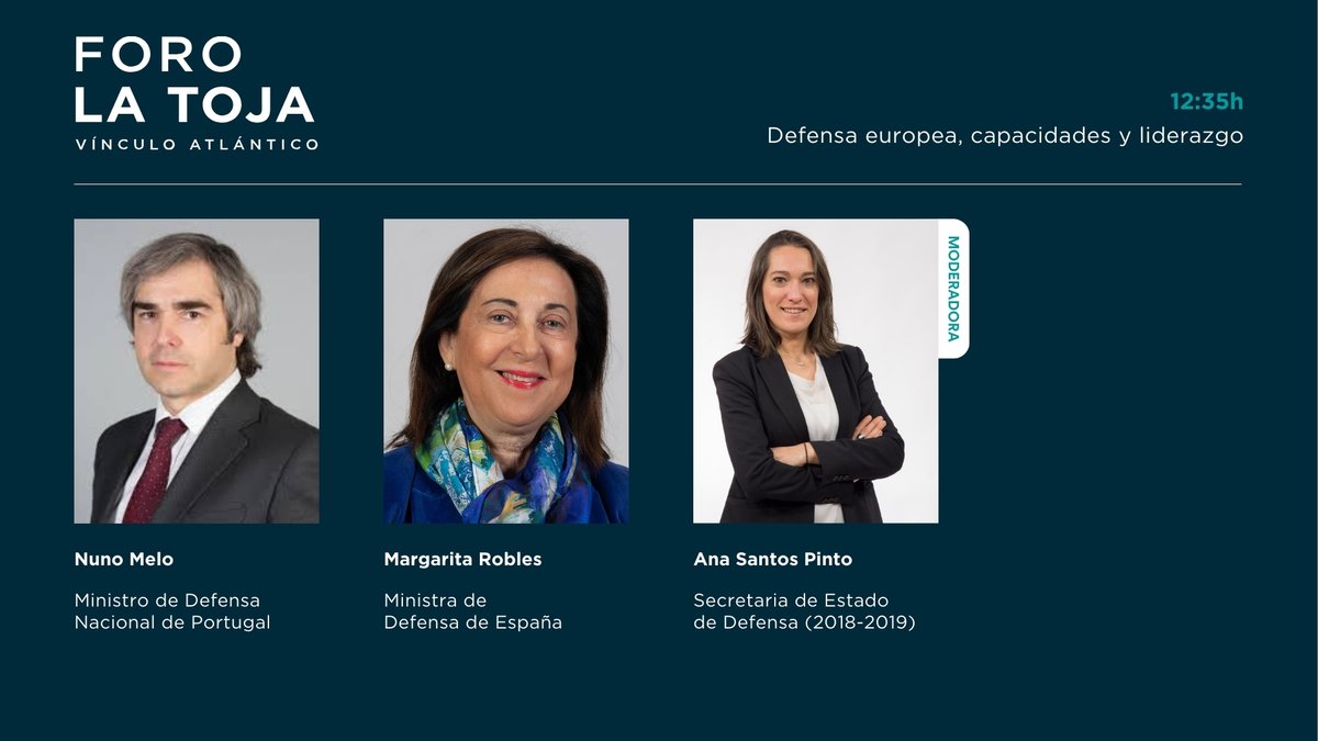 Mesa 5 | Defensa europea, capacidades y liderazgo

👉 Modera <a href="/AnaSantosPinto/">Ana Santos Pinto</a>, Secretaria de Estado de Defensa (2018-2019)

🔹 <a href="/NunoMeloMDN/">Nuno Melo</a>, Ministro de Defensa Nacional de Portugal <a href="/defesa_pt/">Defesa Nacional</a>
🔹 Margarita Robles, Ministra de Defensa de España <a href="/Defensagob/">Ministerio Defensa</a>