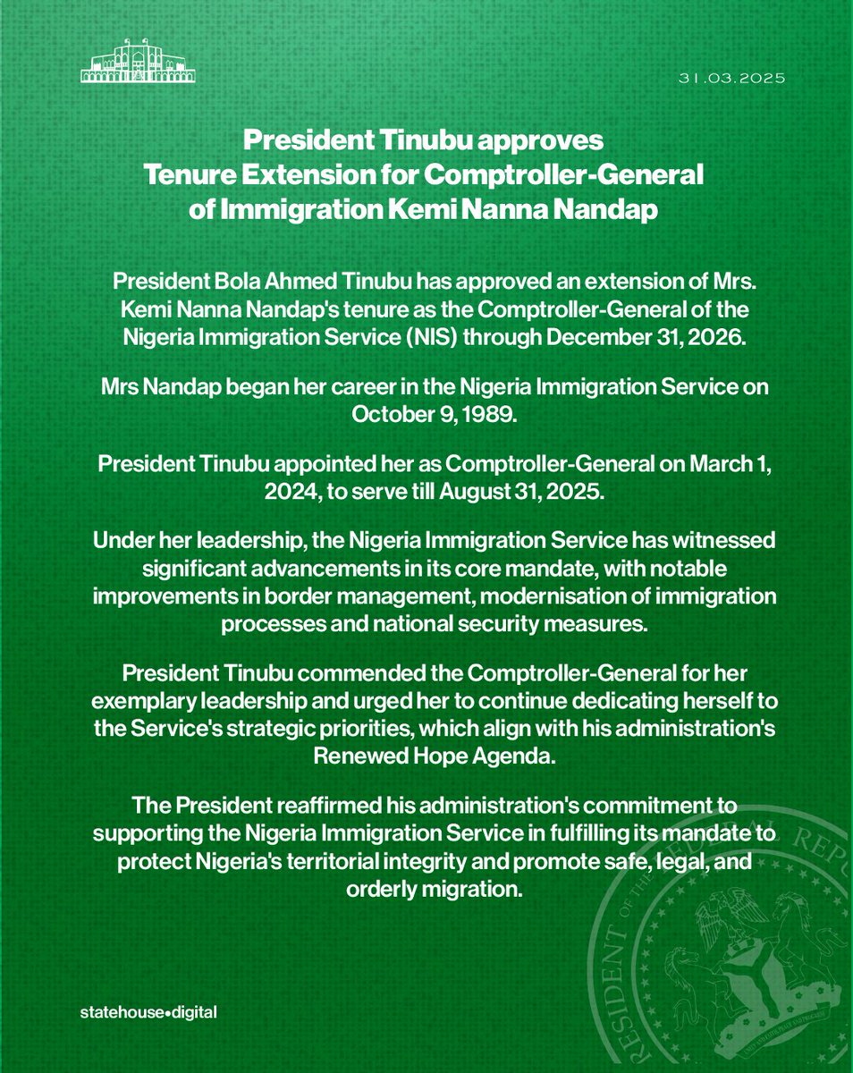 President <a href="/officialABAT/">Bola Ahmed Tinubu</a> approves Tenure Extension for Comptroller-General of Immigration Kemi Nanna Nandap