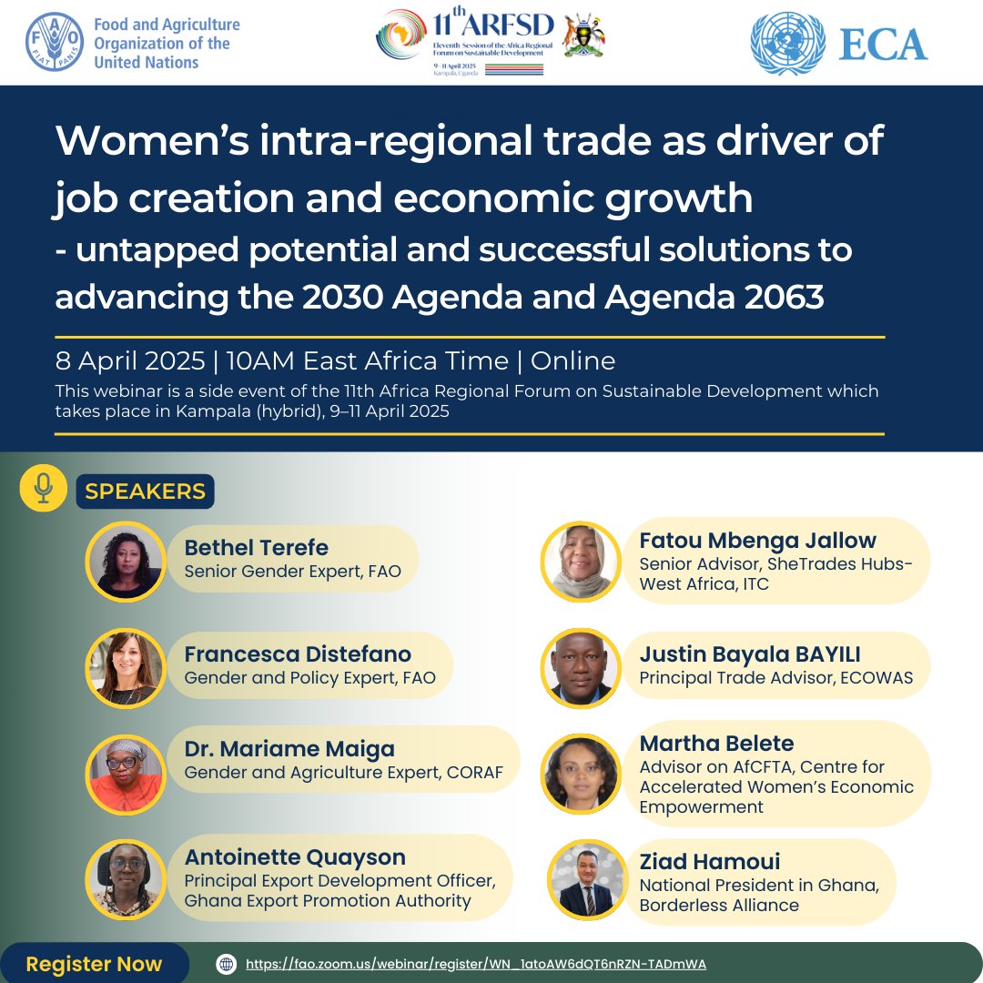 Women’s intra-regional trade is a game-changer for job creation &amp; economic growth! Join FAO’s Gender Team at the 11th #AFRSD on April 8 to explore solutions that drive #GenderEquality &amp; advance #Agenda2063.

🔗 Register now: fao.zoom.us/webinar/regist…