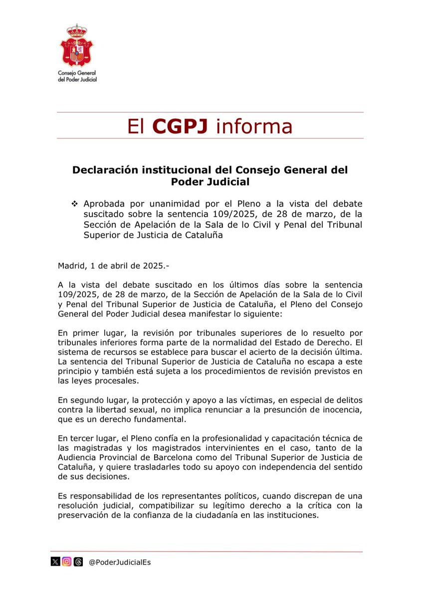🗣️ Declaración institucional del CGPJ a la vista del debate suscitado sobre la sentencia 109/2025, de 28 de marzo, de la Sección de Apelación de la Sala de lo Civil y Penal del TSJ de Cataluña