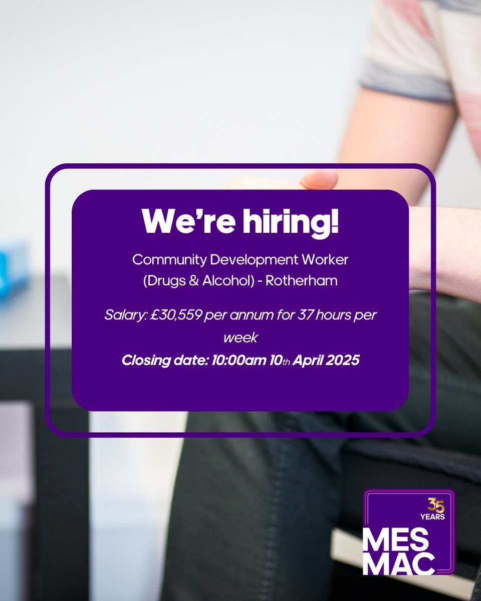 We have an opportunity for a new Community Development Worker in #Rotherham to shape MESMAC’s substance use work for the future

You’ll working with communities seldom seen in traditional substance services, to increase access through support and advocacy

More info and