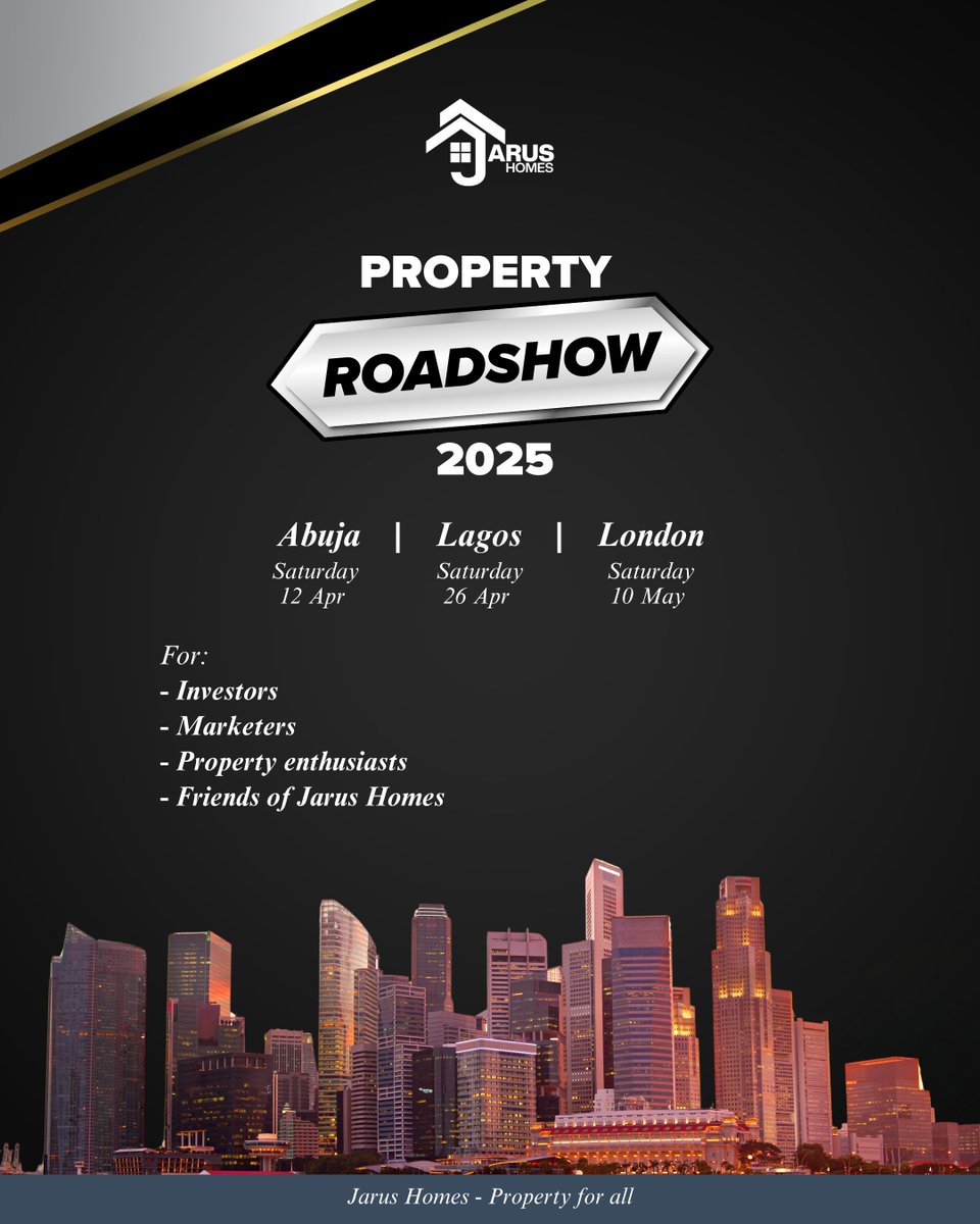 JarusHomes's tweet photo. Join us for the 2025 Property Roadshow! ๐๐ท
Explore investment opportunities in Abuja, Lagos, and London. Open to investors, marketers, and property enthusiasts.
Secure your spot today, use the link below to register: https://t.co/w1TwMzKPQF
#PropertyForAll #JarusHomes https://t.co/GtvQRXaQem