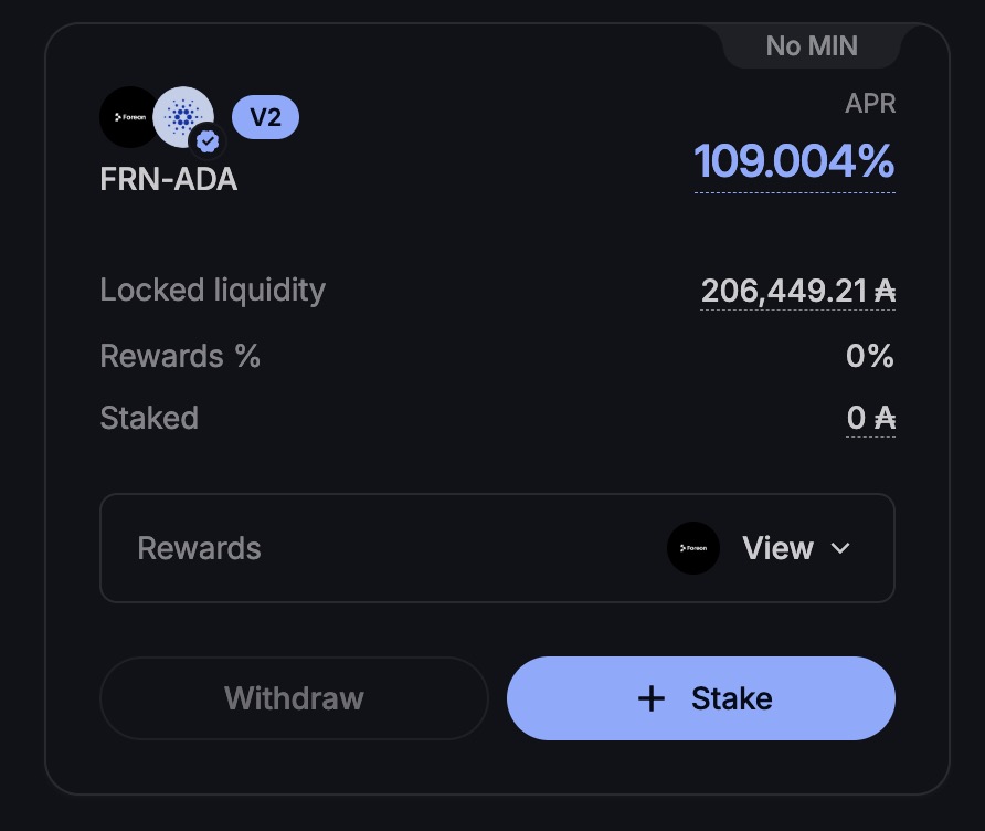 Don't Forget That You Can Farm $FRN On <a href="/MinswapDEX/">Minswap Labs</a> and enjoy up to 109% APR.

$ADA #Cardano #ADA #FRN