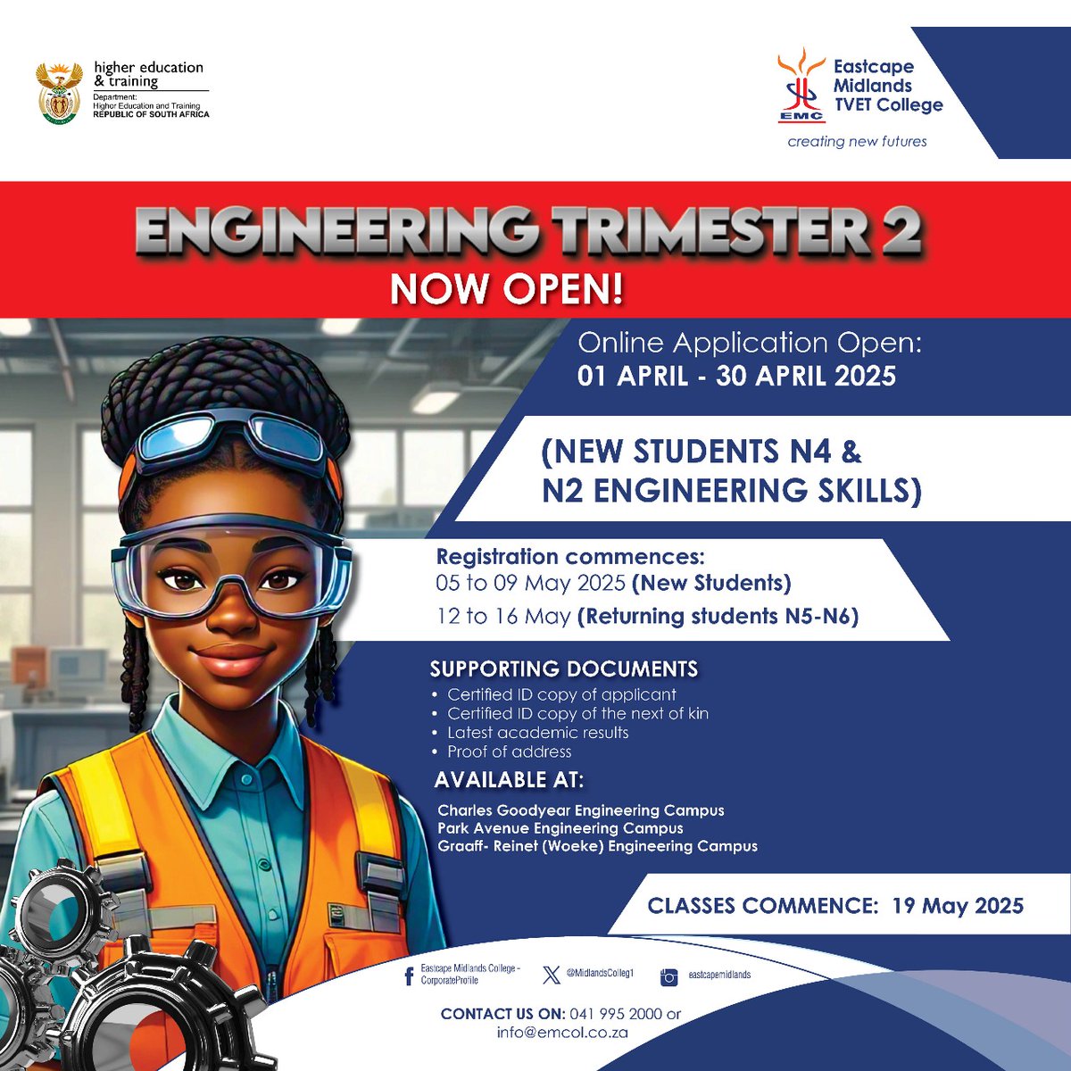 #ApplyNow 𝐄𝐧𝐠𝐢𝐧𝐞𝐞𝐫𝐢𝐧𝐠 𝐓𝐫𝐢𝐦𝐞𝐬𝐭𝐞𝐫 𝟐 𝐎𝐧𝐥𝐢𝐧𝐞 𝐀𝐩𝐩𝐥𝐢𝐜𝐚𝐭𝐢𝐨𝐧𝐬 are now 𝐎𝐩𝐞𝐧!
𝐂𝐥𝐨𝐬𝐢𝐧𝐠 𝐝𝐚𝐭𝐞: 𝟑𝟎 𝐀𝐩𝐫𝐢𝐥 𝟐𝟎𝟐𝟓.
Click on link to apply: emc.coltech.co.za/Student/Brochu…
#trimester2 #emc_creatingnewfutures #engineeringstudies See less