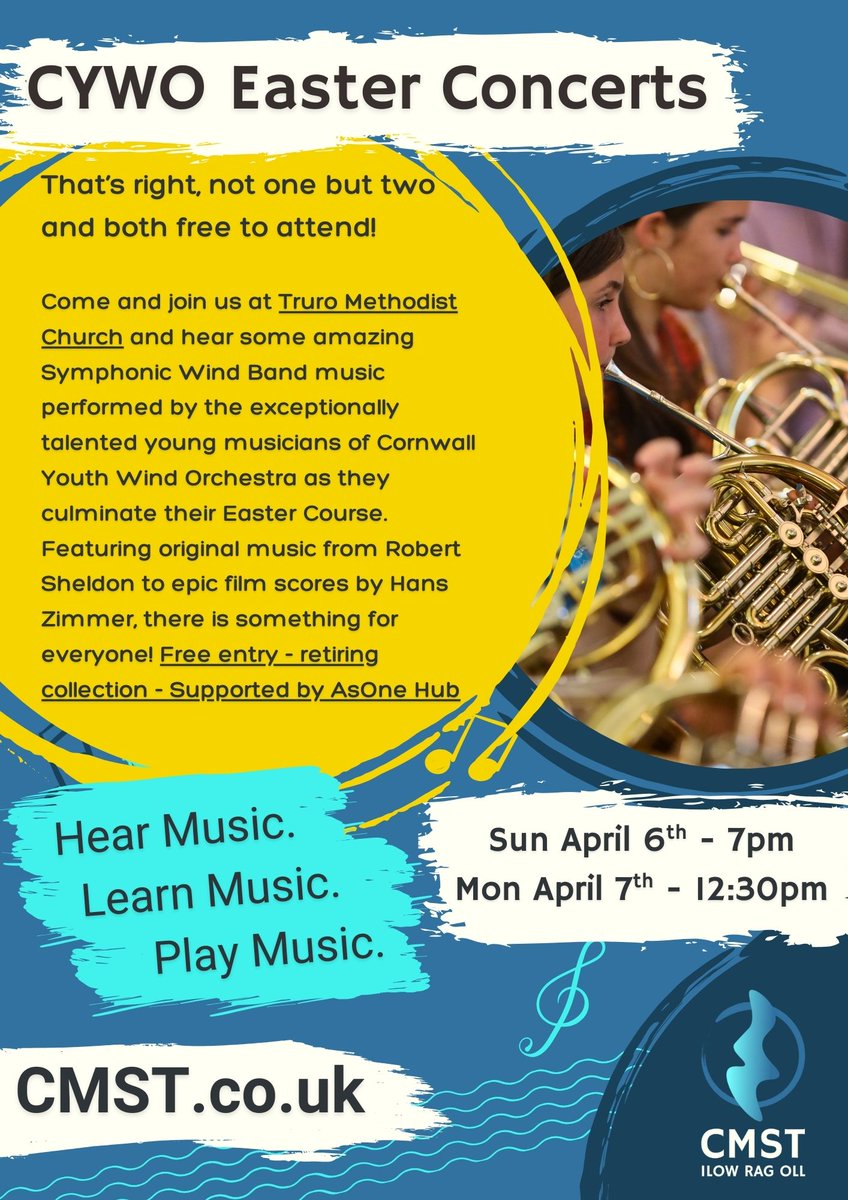 🎵 Double the music, double the fun!

Join the Cornwall Youth Wind Orchestra for two free Easter concerts at Truro Methodist Church!

🗓 Sun, April 6th at 7pm
🗓 Mon, April 7th at 12:30pm

Free entry, retiring collection. Don't miss it! 🌟