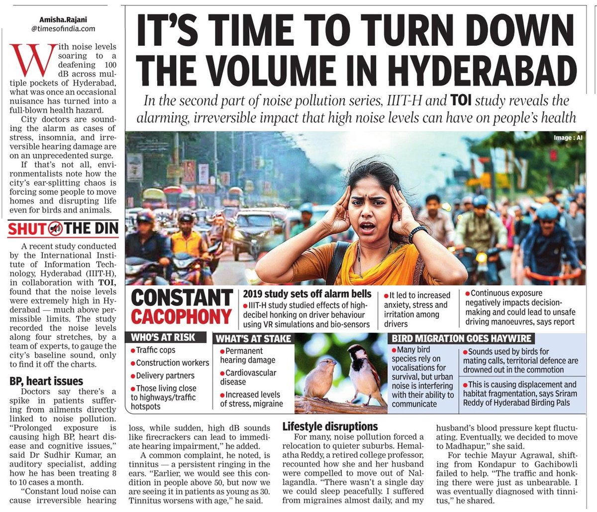 TOIHyderabad's tweet image. #ShuttheDin part 2

With noise levels soaring to a deafening 100 dB across multiple pockets of #Hyderabad, what was once an occasional nuisance has turned into a full-blown #healthhazard. This was reiterated in a recent  report by @iiit_hyderabad in collaboration with the TOI.