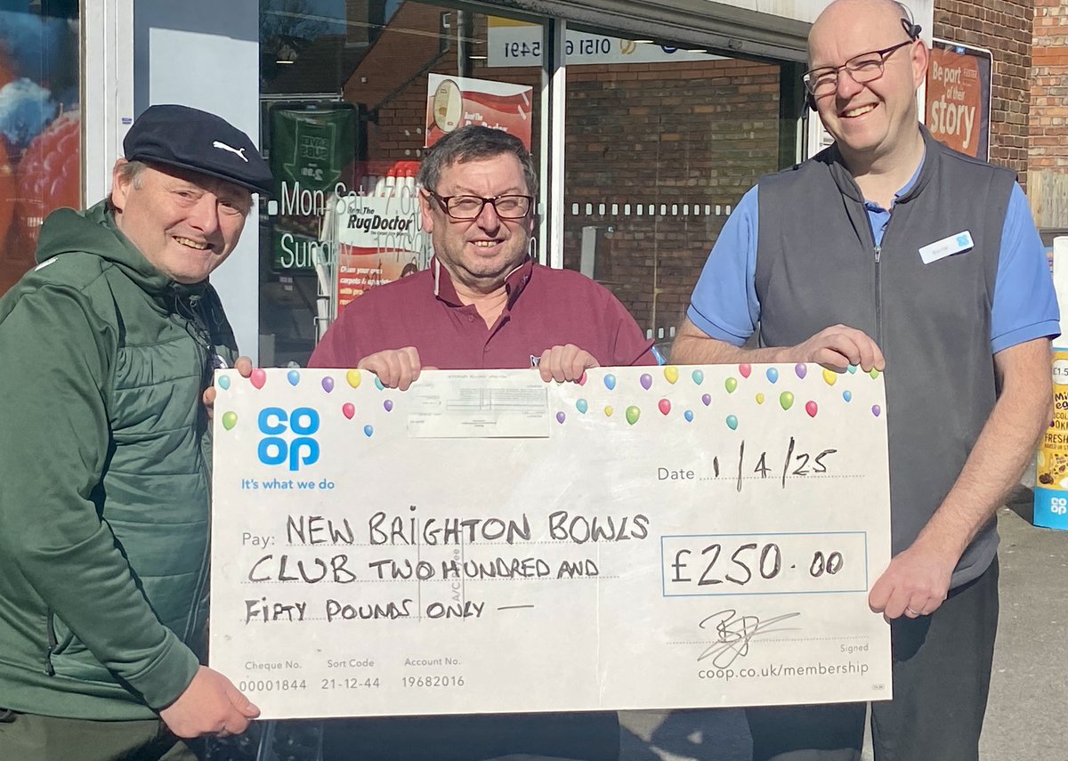 Community donation of £250 for New Brighton Bowls Club, for repairs to their Clubhouse.

Call into the Co Op in Wallasey if you know of a local group which needs some support.
<a href="/jeanie_hughes/">Jean McCormick</a> 
<a href="/NBCC1856/">New Brighton Cricket & Bowling Club</a> 
<a href="/coopuk/">Co-op</a>