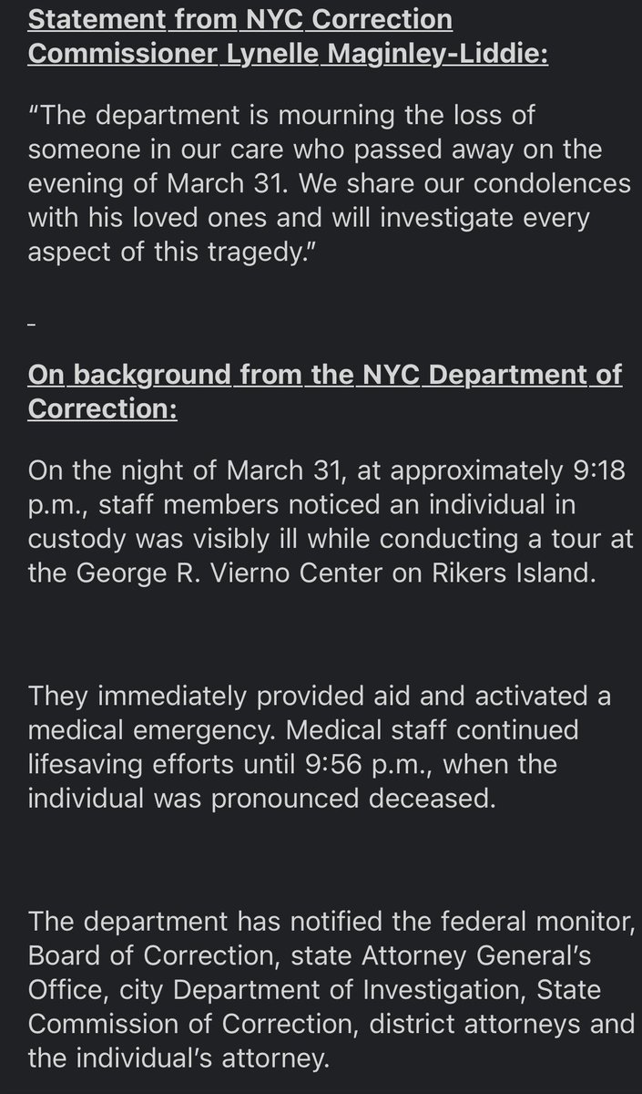Inbox: A Rikers Island detainee died last night, the fifth fatality this year so far. A federal judge overseeing the department of correction has concluded the only way to reform the agency is by appointing a receiver. None has been selected yet. DOC contends it can do the job.