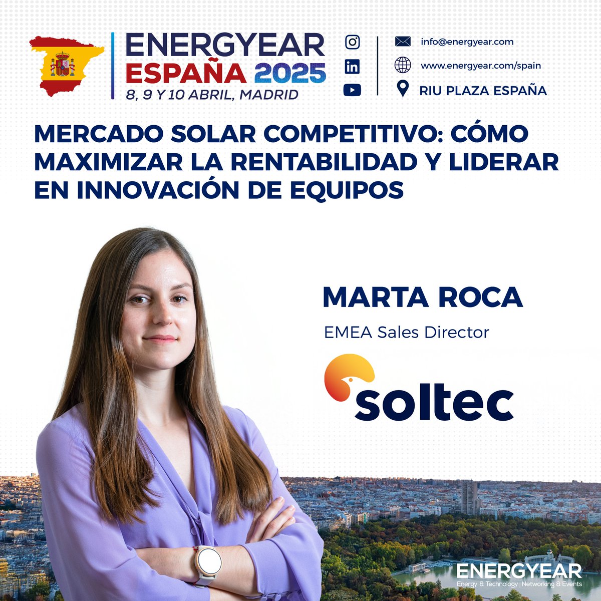 📢 Soltec at #EnergyearEspaña 🌞🔋

On April 8th, our EMEA Sales Director, Marta Roca, joins the panel "Competitive Solar Market: How to Maximize Profitability and Lead in Equipment Innovation."

Discussing how innovation boosts solar profitability. Excited to join!