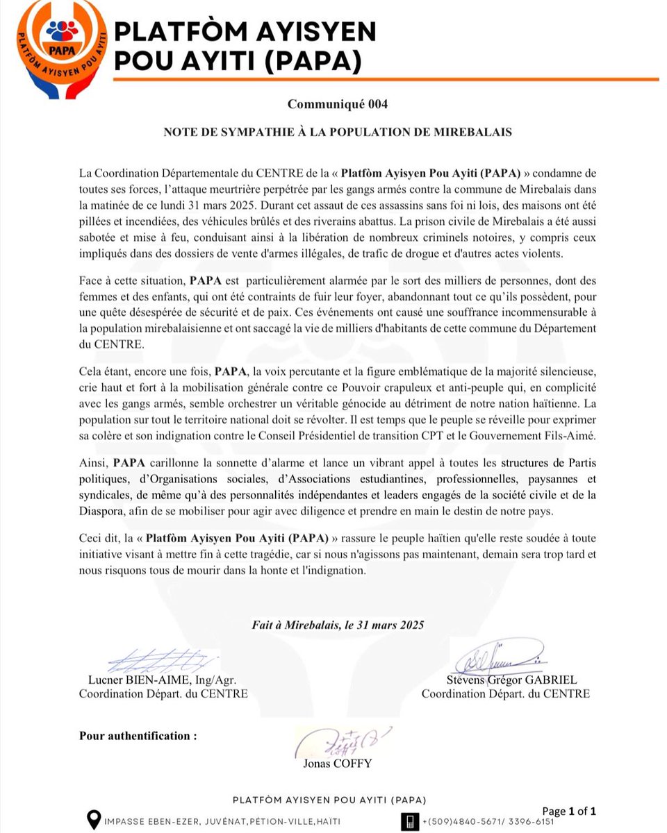 NOTE DE SYMPATHIE À LA POPULATION DE MIREBALAIS ET APPEL À LA MOBILISATION GÉNÉRALE DU PEUPLE HAÏTIEN