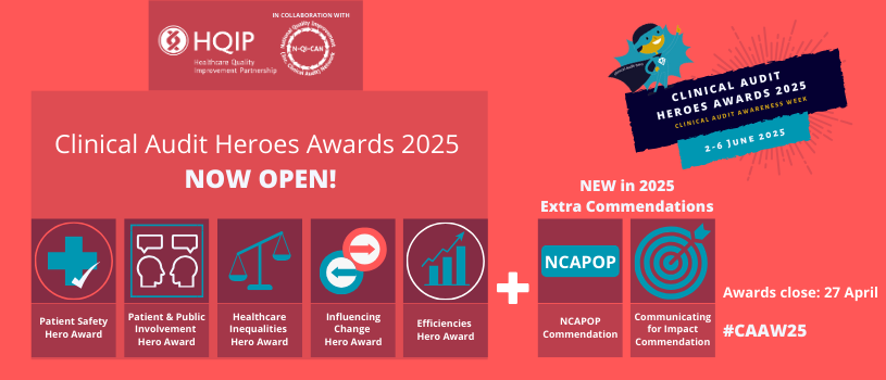 Healthcare Quality Improvement Partnership (@hqip) on Twitter photo Nominations for the Clinical Audit Heroes Awards 2025 are NOW OPEN!
Run by <a href="/HQIP/">Healthcare Quality Improvement Partnership</a> and <a href="/NQICAN/">National QI (inc. Clinical Audit) Network N-QI-CAN</a>, the awards cover five main award categories and two brand-new commendations for 2025.
The deadline is 27th April. Enter the awards here: hqip.org.uk/clinical-audit… Nominations for the Clinical Audit Heroes Awards 2025 are NOW OPEN!
Run by <a href="/HQIP/">Healthcare Quality Improvement Partnership</a> and <a href="/NQICAN/">National QI (inc. Clinical Audit) Network N-QI-CAN</a>, the awards cover five main award categories and two brand-new commendations for 2025.
The deadline is 27th April. Enter the awards here: hqip.org.uk/clinical-audit…