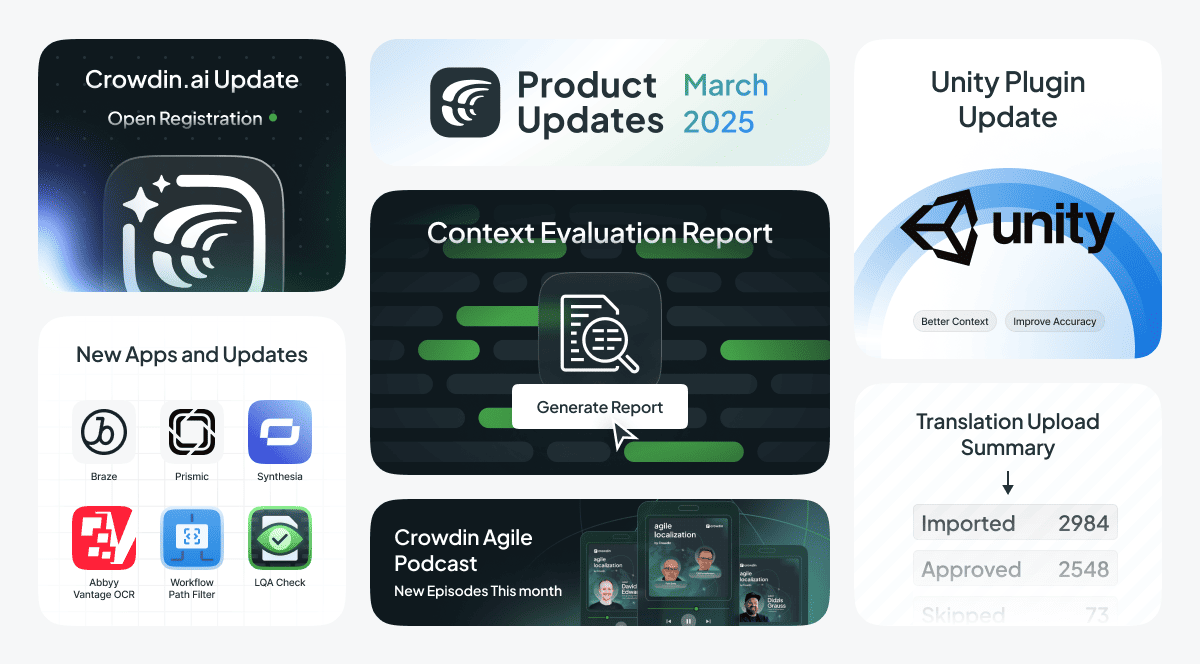 March 2025 Updates 🚀 This month at Crowdin:
✅ AI Context Evaluation Report 
✅ Crowdin AI registration now open!
✅ New integrations: <a href="/ABBYY_Software/">ABBYY</a> OCR, <a href="/prismic/">Prismic</a>, <a href="/synthesiaIO/">Synthesia 🎥</a> &amp; more.

Explore the latest updates 👇
l.crowdin.com/Pf7qM9z